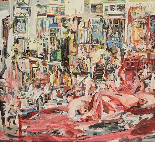 A painting of an abstracted room with walls filled from floor to ceiling of color, a figure is seen lounging in the bottom right corner