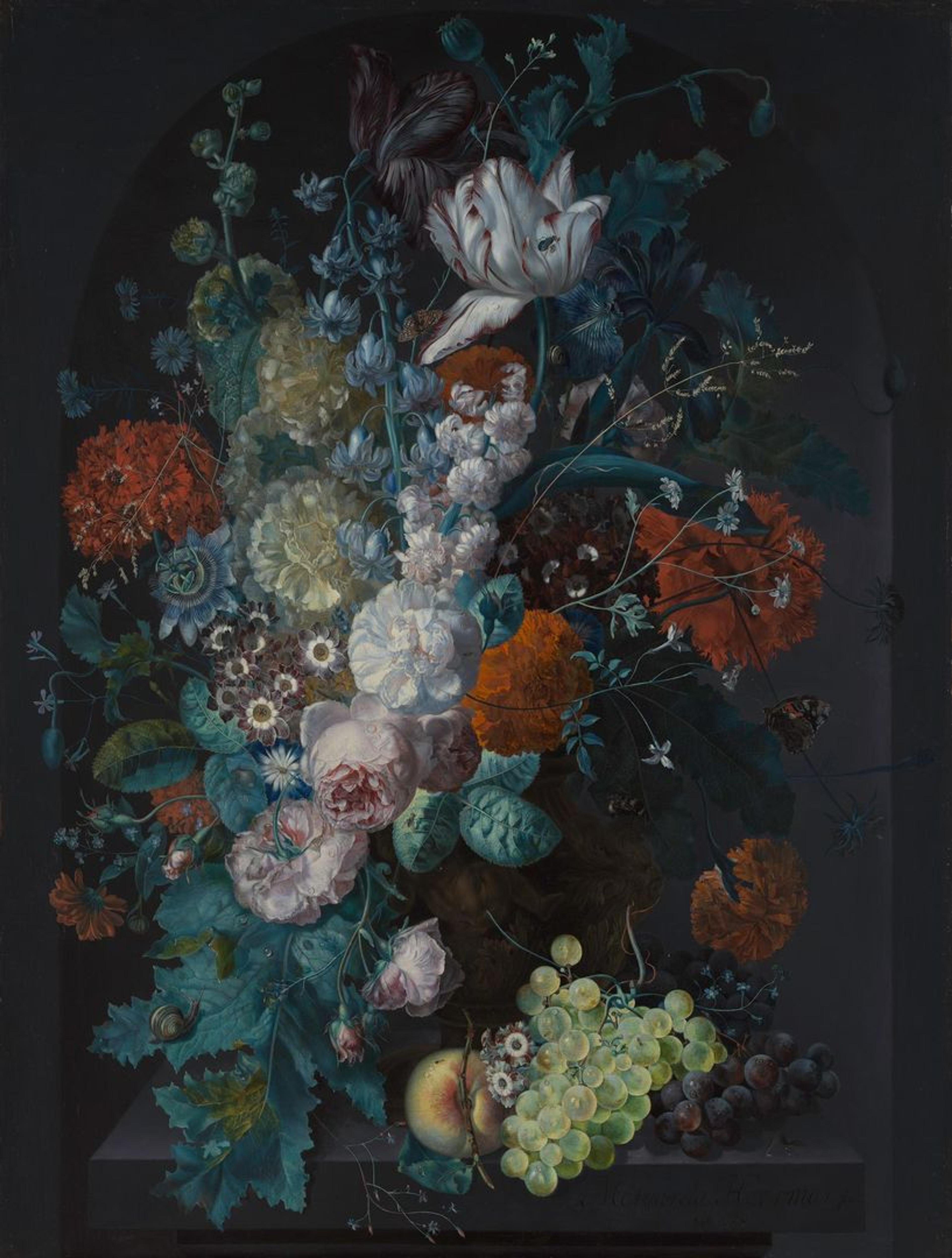 Still life painting by Margareta Haverman of a vase of brightly colored flowers in a stone niche