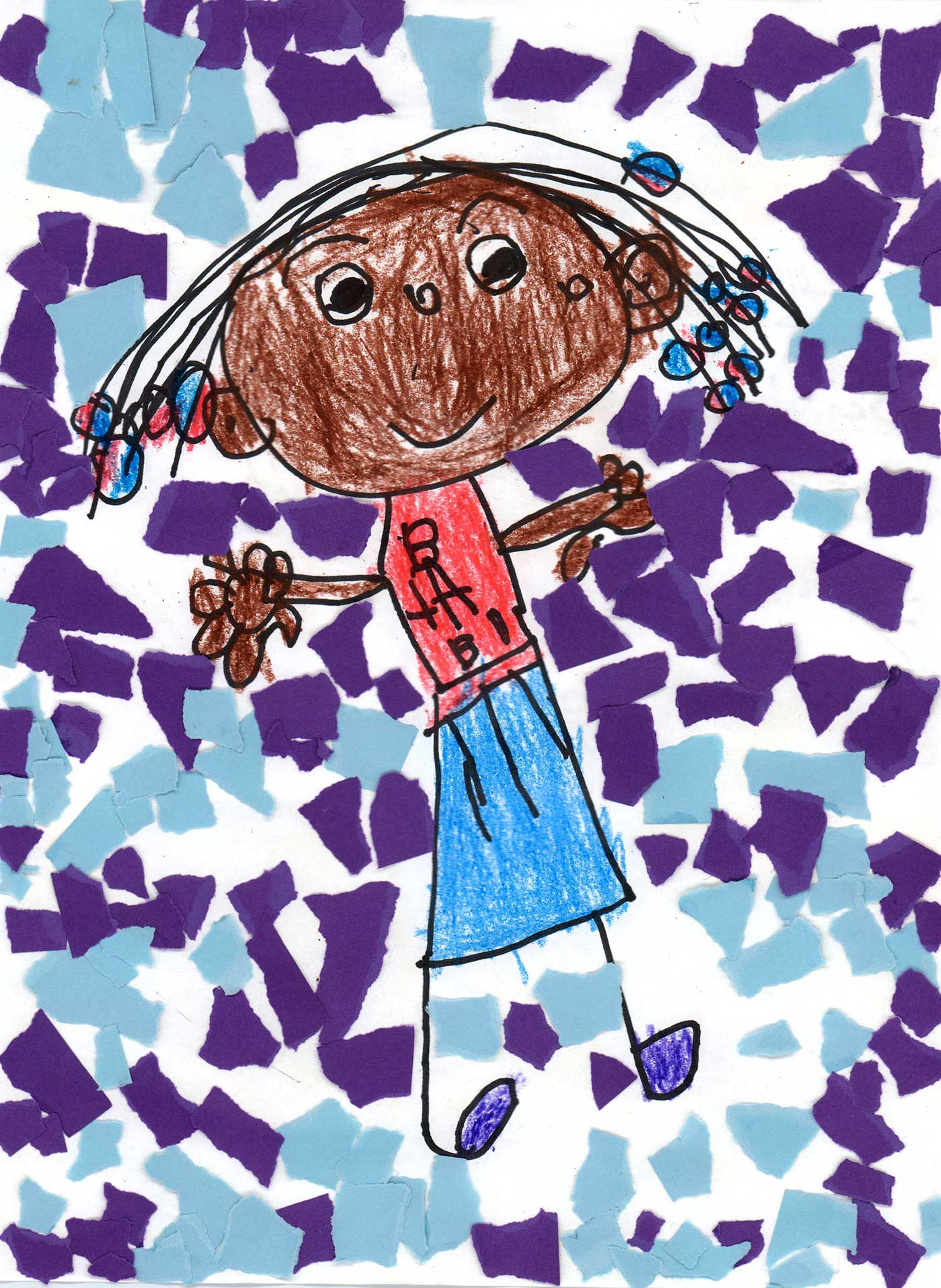Drawing of a young girl in a blue skirt and red shirt with a background of torn pieces of blue and purple paper.