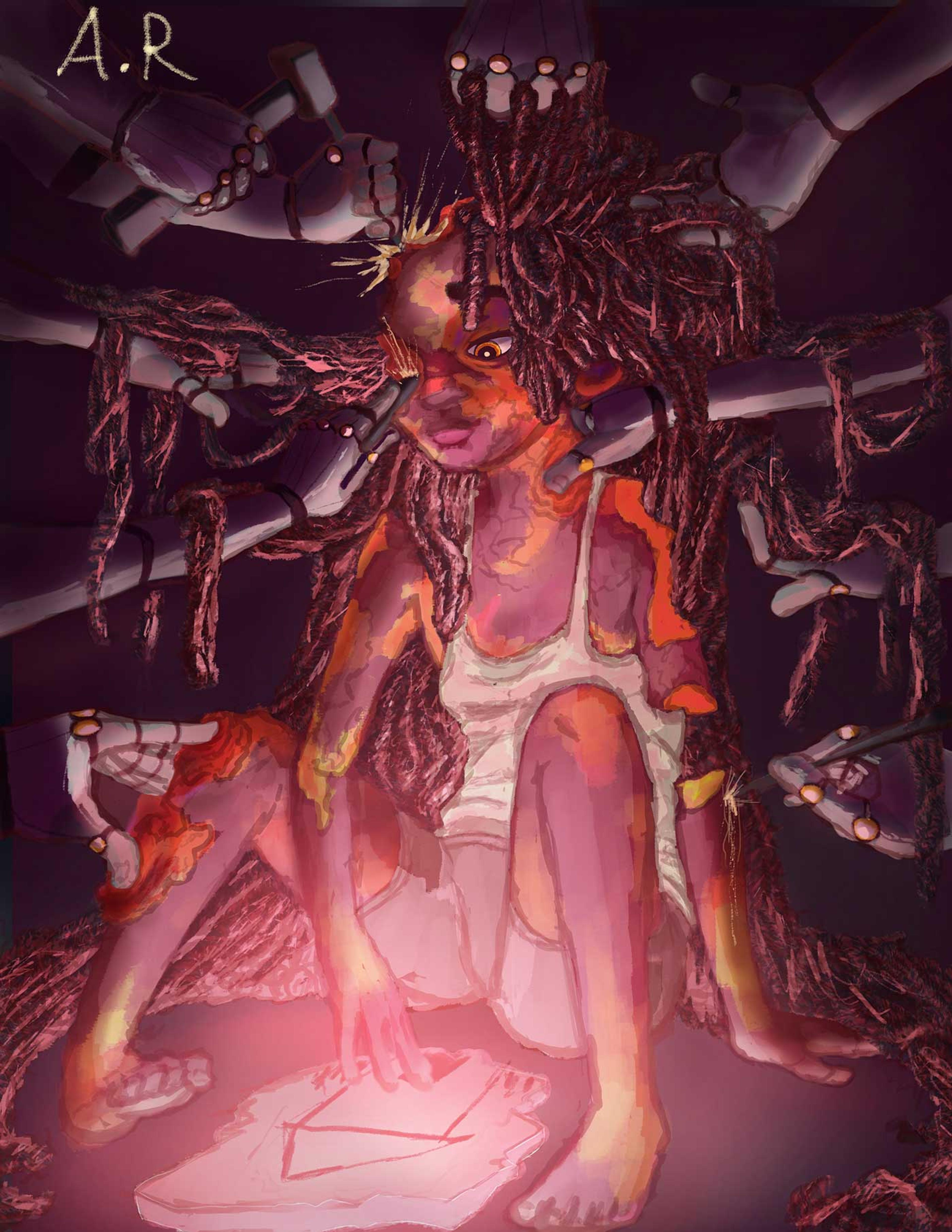 Digitial drawing of a child being put together by robot arms.