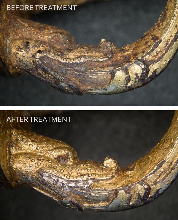 Microscopic view of the pommel's decoration before conservation treatment (above) and after (below)
