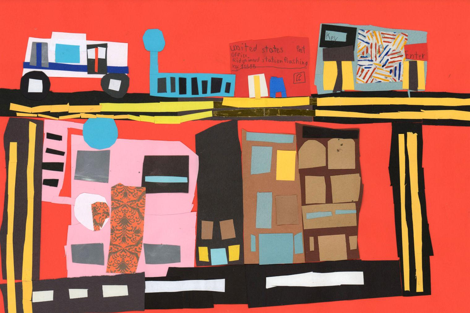 Collage of colorful buildings on an orange background.