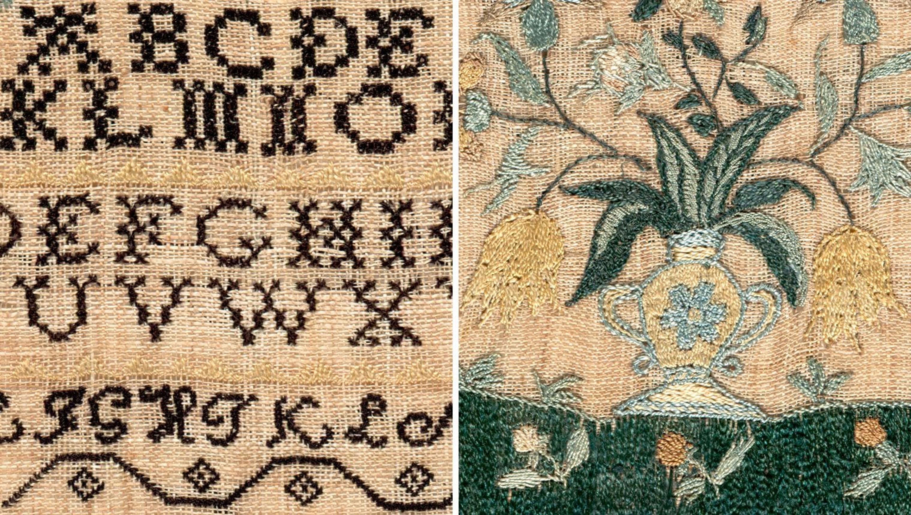 On the left is a closeup image of Lydia Pearson's sampler, showcasing her embroidery of the alphabet in black thread on tan linen. On the right is another closeup image of the same sampler, showcasing detailed embroidery of a vase with pale blue and yellow flowers on green grass.