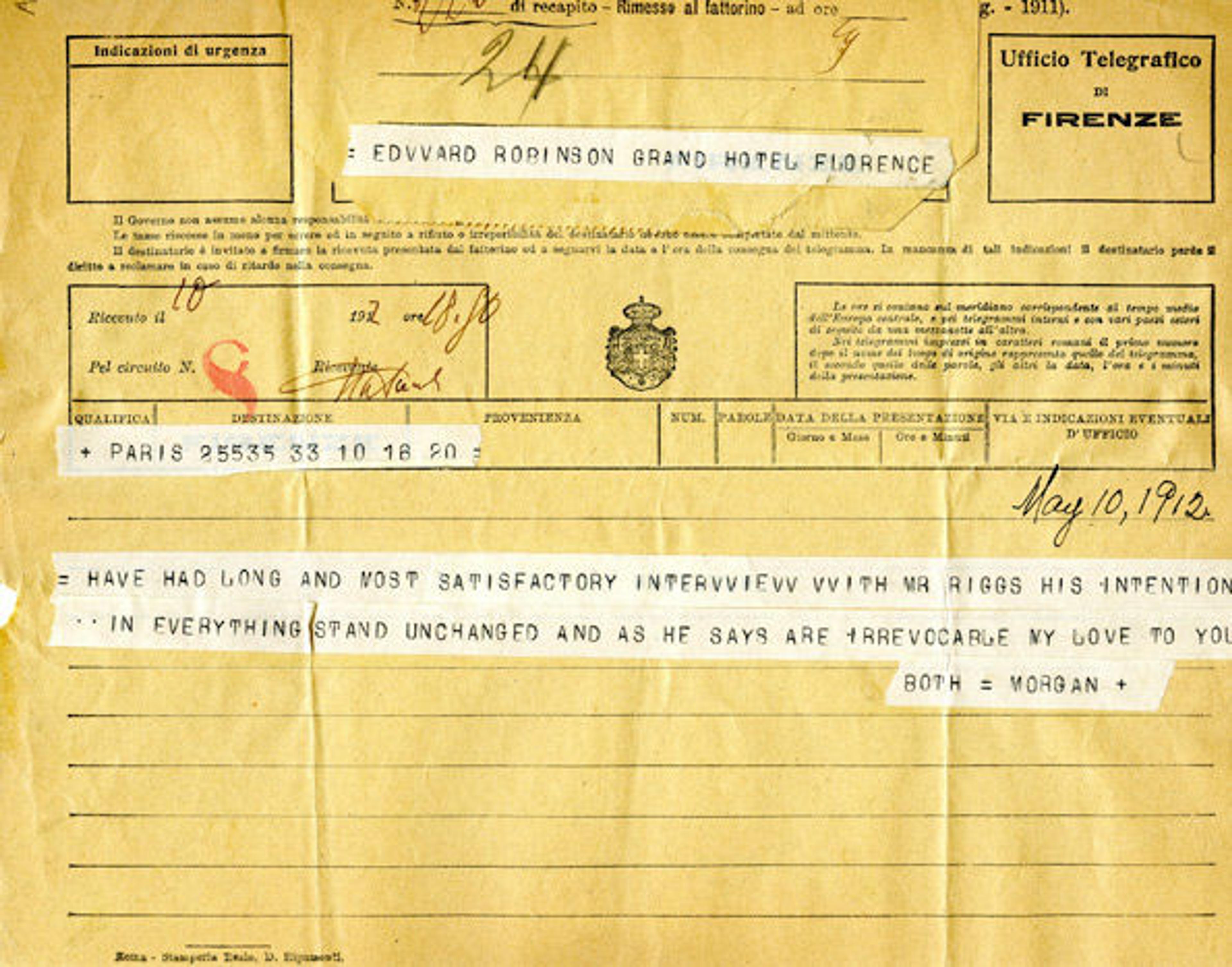 Telegram from Museum President J. P. Morgan to Director Edward Robinson