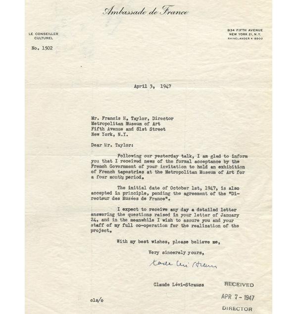 Letter, Claude Levi-Strauss to Francis Henry Taylor, April 3, 1947. The Metropolitan Museum of Art Archives