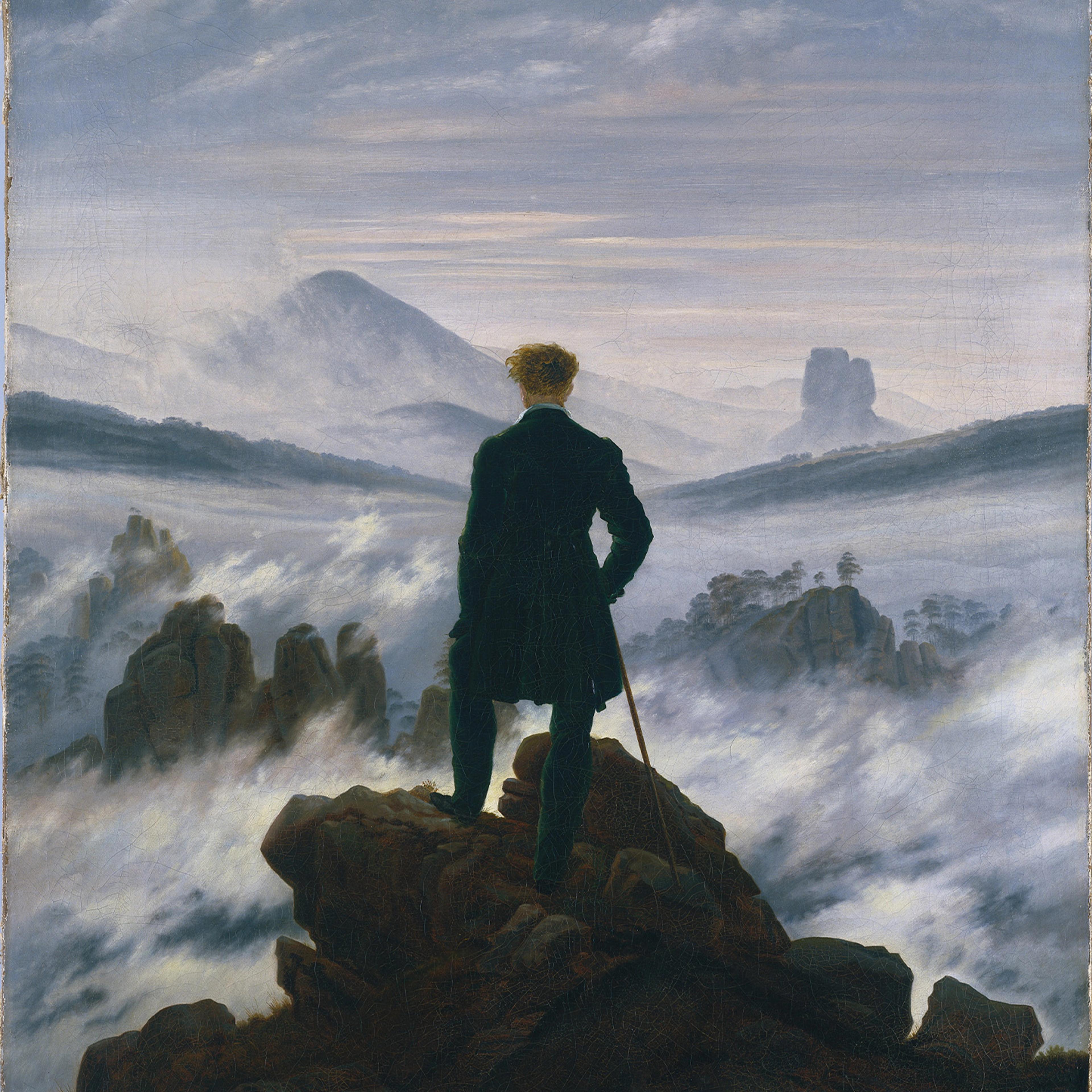Man in dark coat stands on a rocky peak, viewing a misty landscape with mountains and clouds. Text at the top reads: "CASPAR DAVID FRIEDRICH THE SOUL OF NATURE.