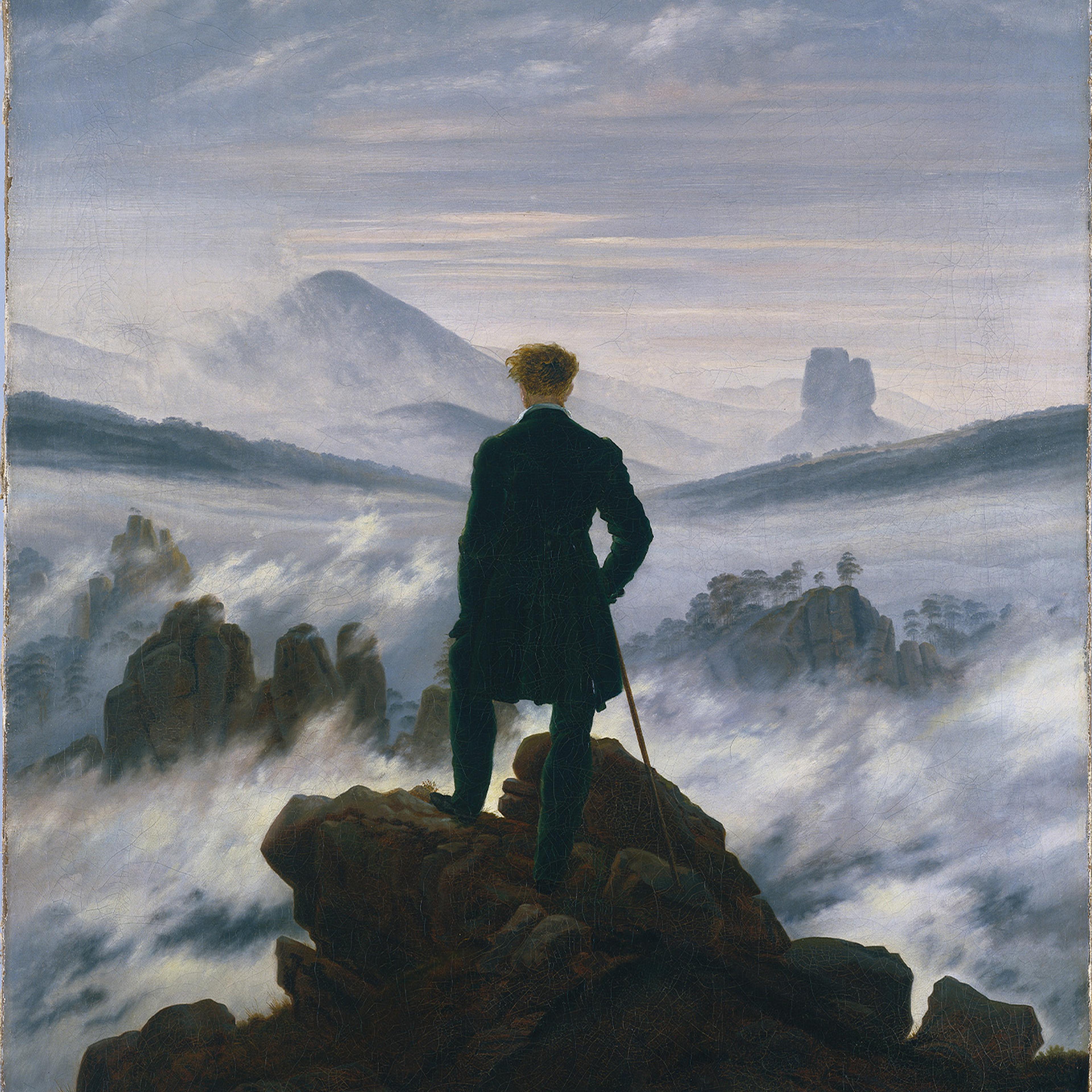 Man in dark coat stands on a rocky peak, viewing a misty landscape with mountains and clouds. Text at the top reads: "CASPAR DAVID FRIEDRICH THE SOUL OF NATURE.