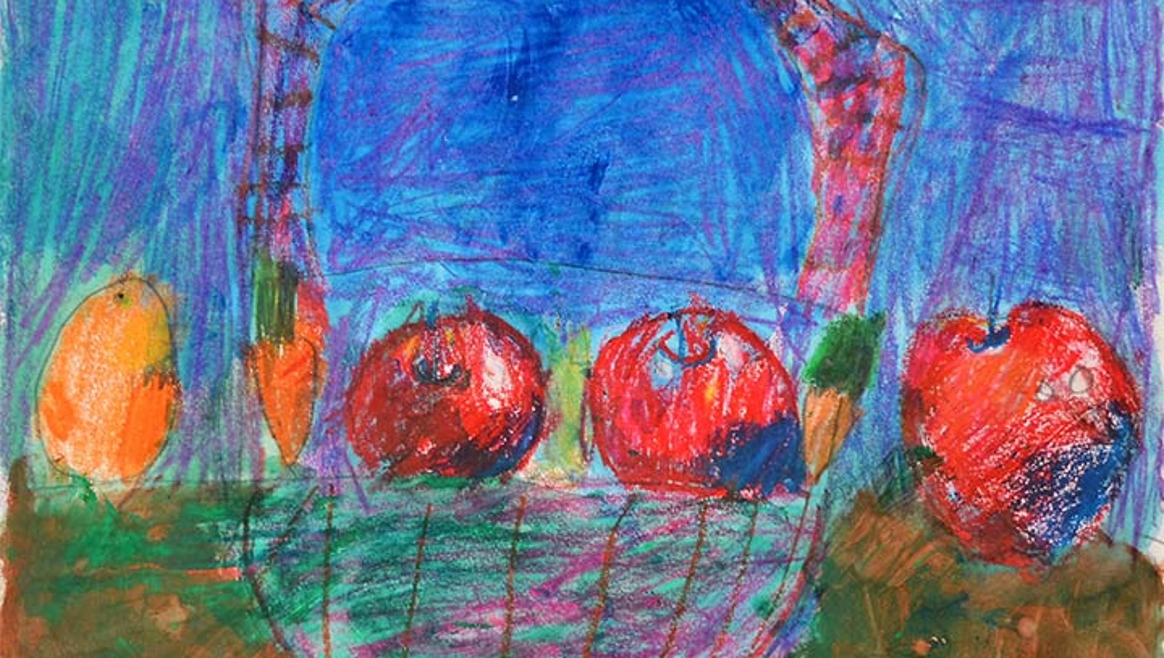 A child's drawing of apples and oranges in a basket.
