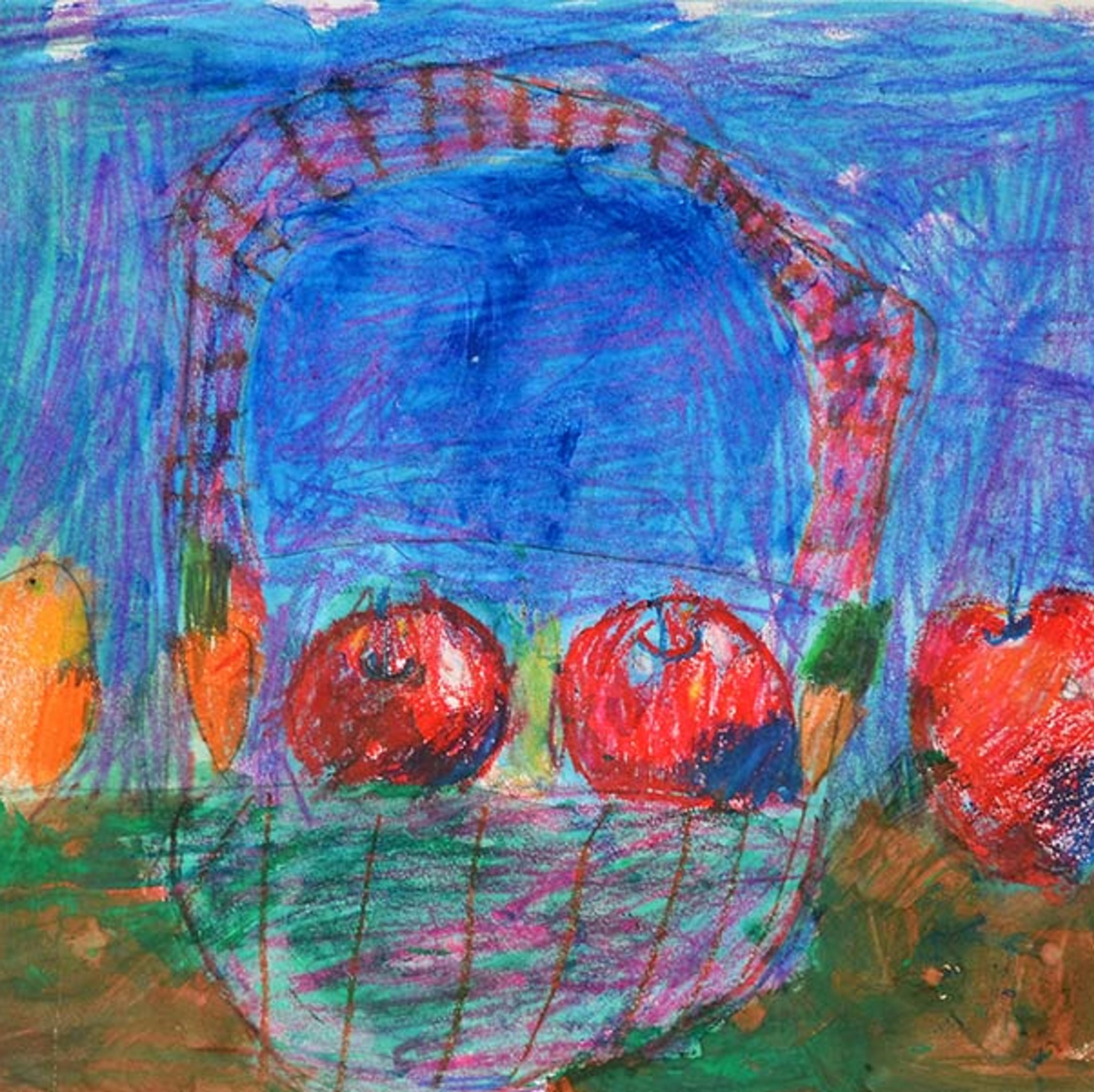 A child's drawing of apples and oranges in a basket.