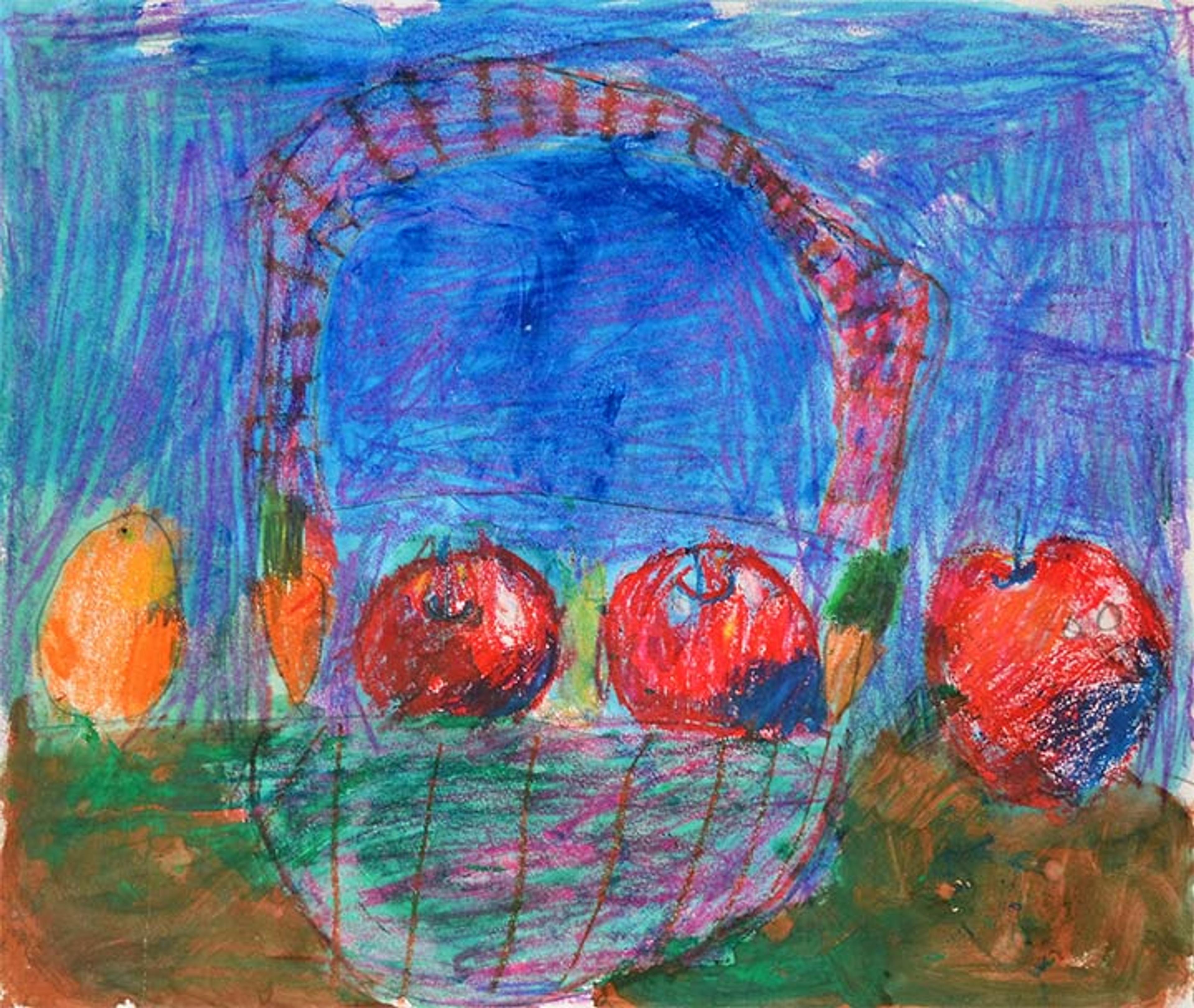 Paula's mixed-media composition of three red apples and a basket.