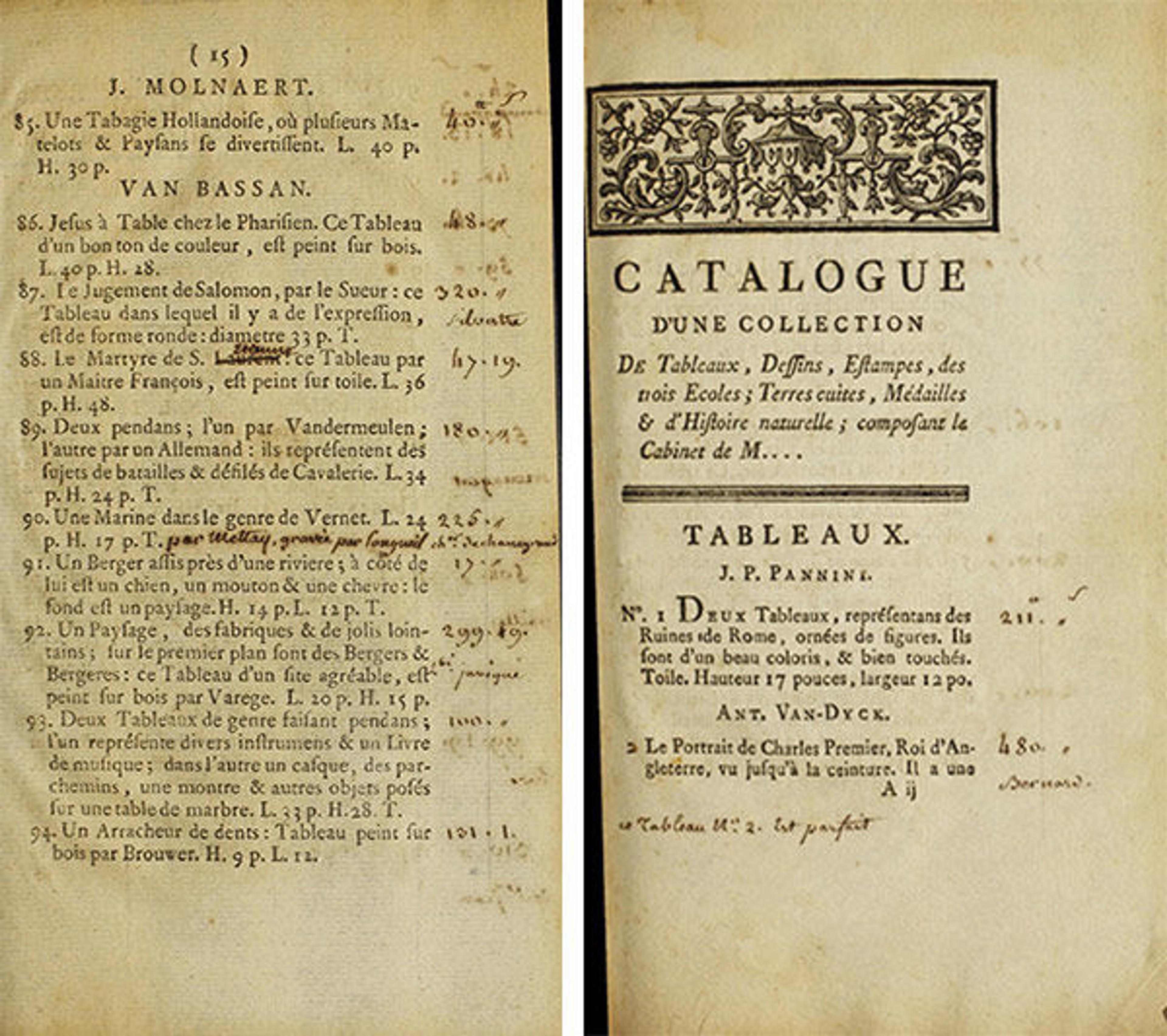 Left: Hôtel d'Aligre, Paris. Catalogue de Tableaux, Originaux de Bons Maitres des Trois Écoles ...March 17, 1778, p. 15; Right: Hôtel d'Aligre, Paris. Catalogue d'une Collection de Tableaux, Dessins, Estampes des Trois Écoles … March 30, 1778, p. 3