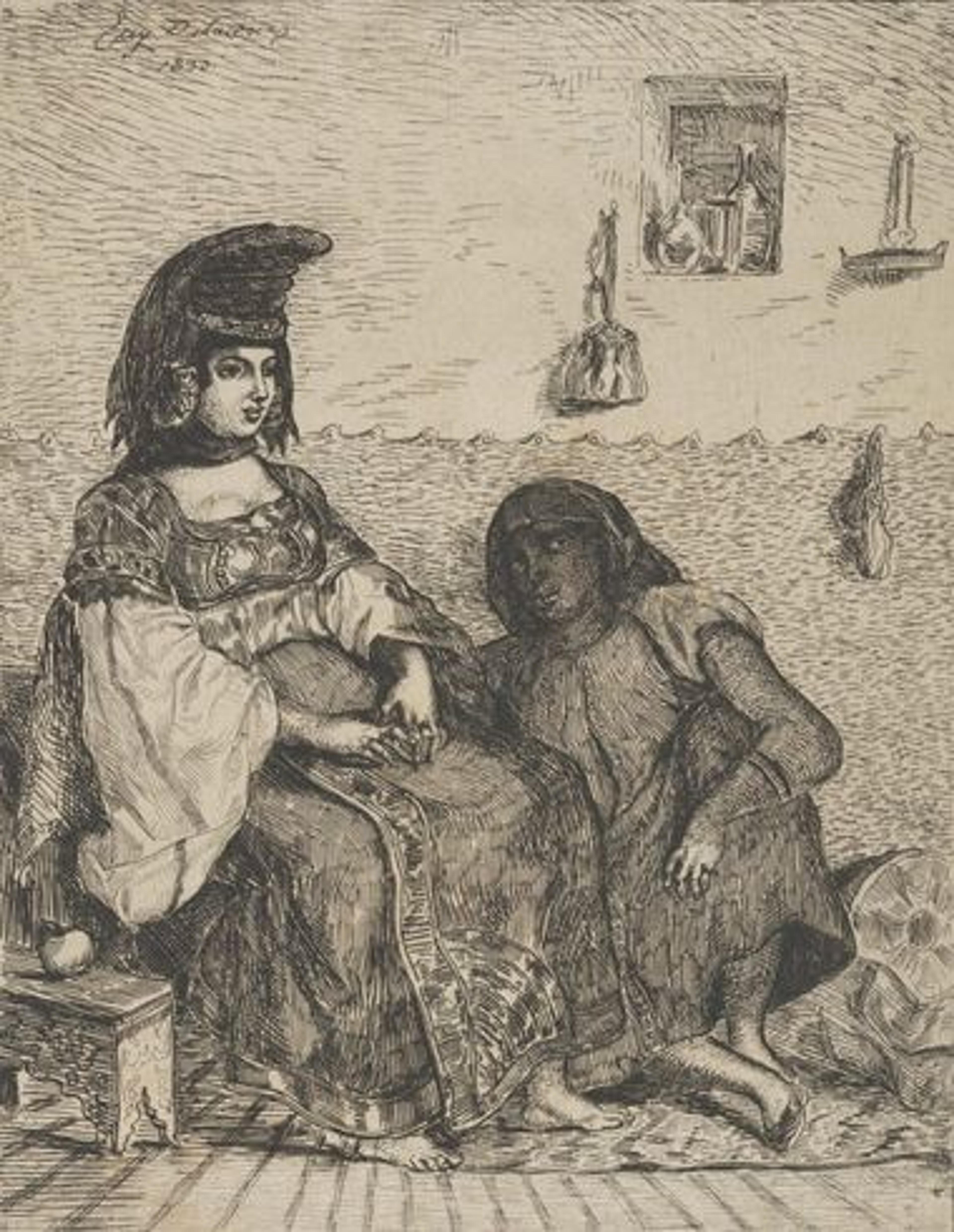 An etching by Eugene Delacroix depicting a Jewish bride sitting next to her servant