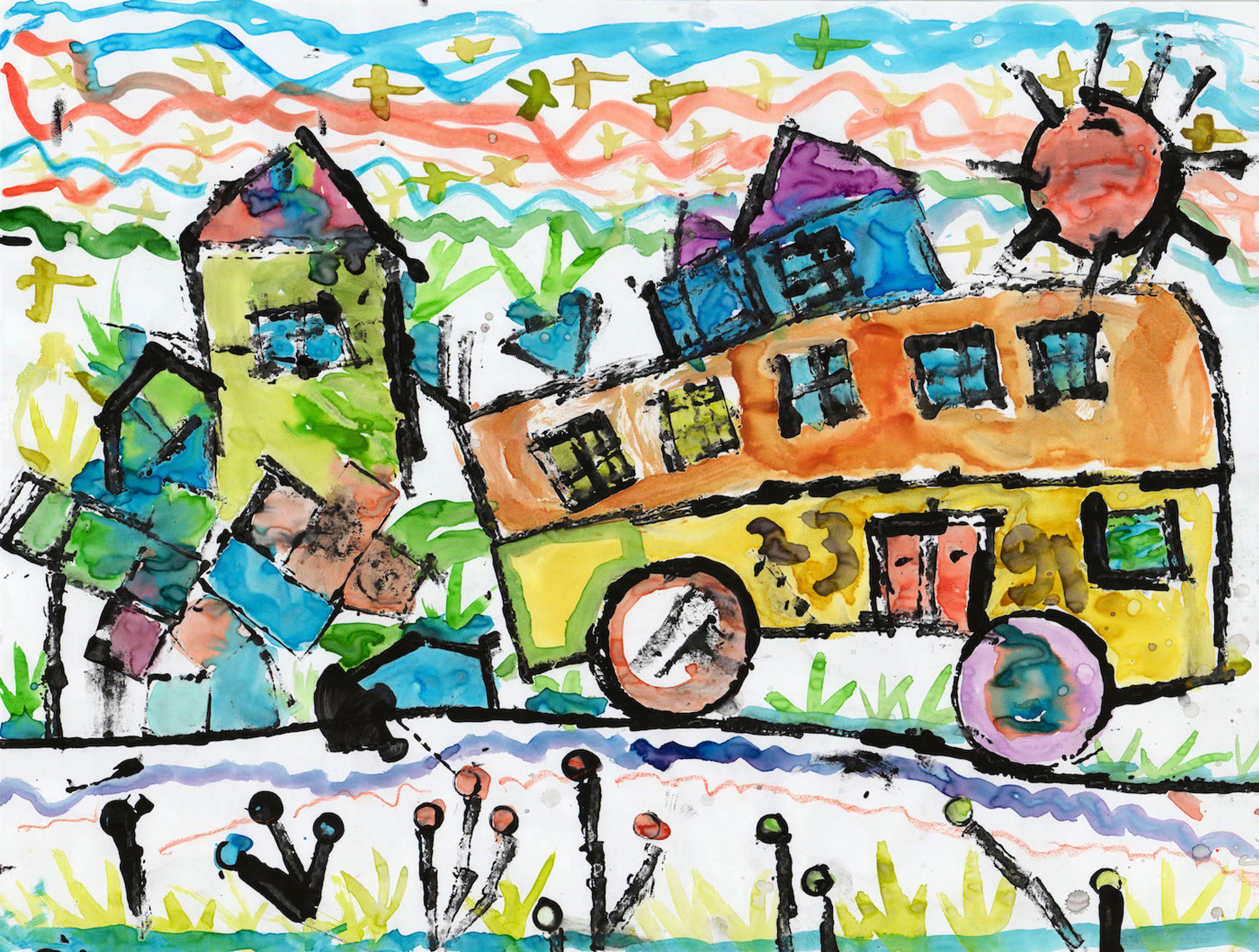 Tempera paint stamping print with water color paint on paper depicting a colorful urban landscape. The sky above is colored with alternating turquoise and salmon colored wavy horizontal strips with a red sun with black brush strokes drawn at right. Golden X- shaped stars glitter in the sky. A gold colored building with a blue window and red A -frame roof is shown at left. At right, the profile of a yellow double decker bus with red double door in the middle is shown. The top floor of the bus is orange with yellow and blue windows. A blue building with a pair of purple A- frame roofs is shown behind the bus. A row of black plant stems with blue, orange, and green flowers appears in the foreground at the bottom of the image.