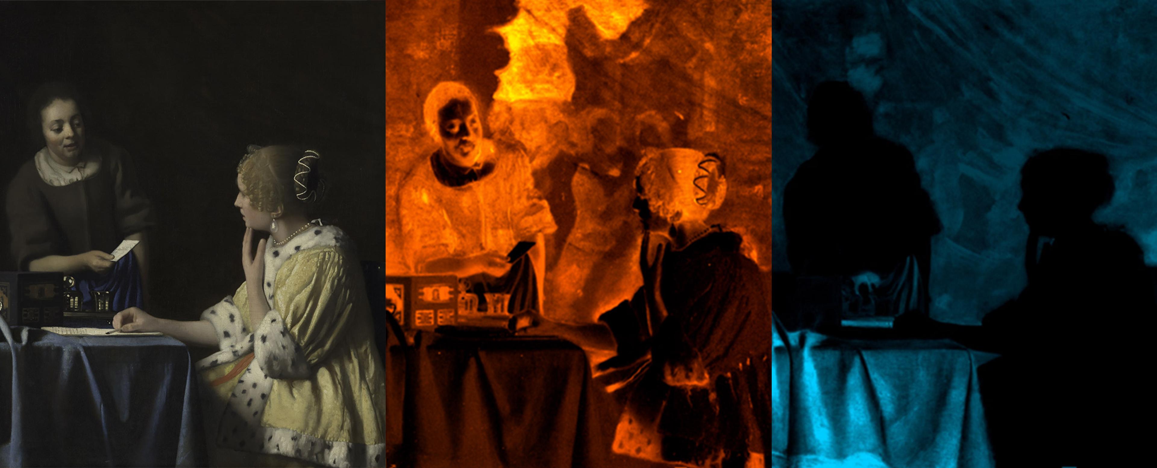 Triptych showing a painting at left, and two different x-ray images of the painting at center and right