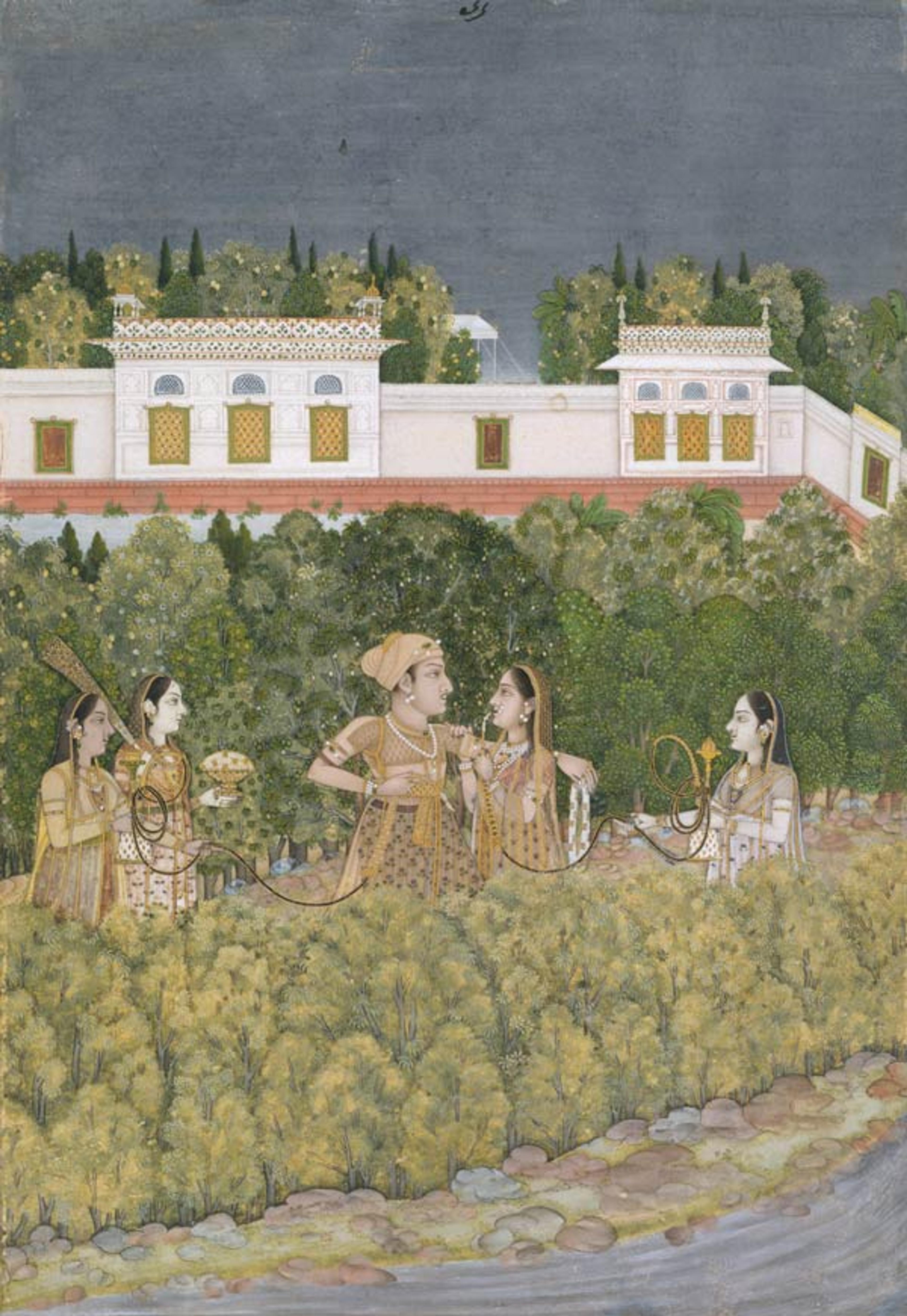 Nidha Mal. Prince and Ladies in a Garden, mid-18th century. Lucknow, India. Islamic. Ink, opaque watercolor, and gold on paper; 10 5/8 x 7 3/8 in. (27 x 18.7 cm). The Metropolitan Museum of Art, New York, Cynthia Hazen Polsky and Leon B. Polsky Fund, 2001 (2001.302)