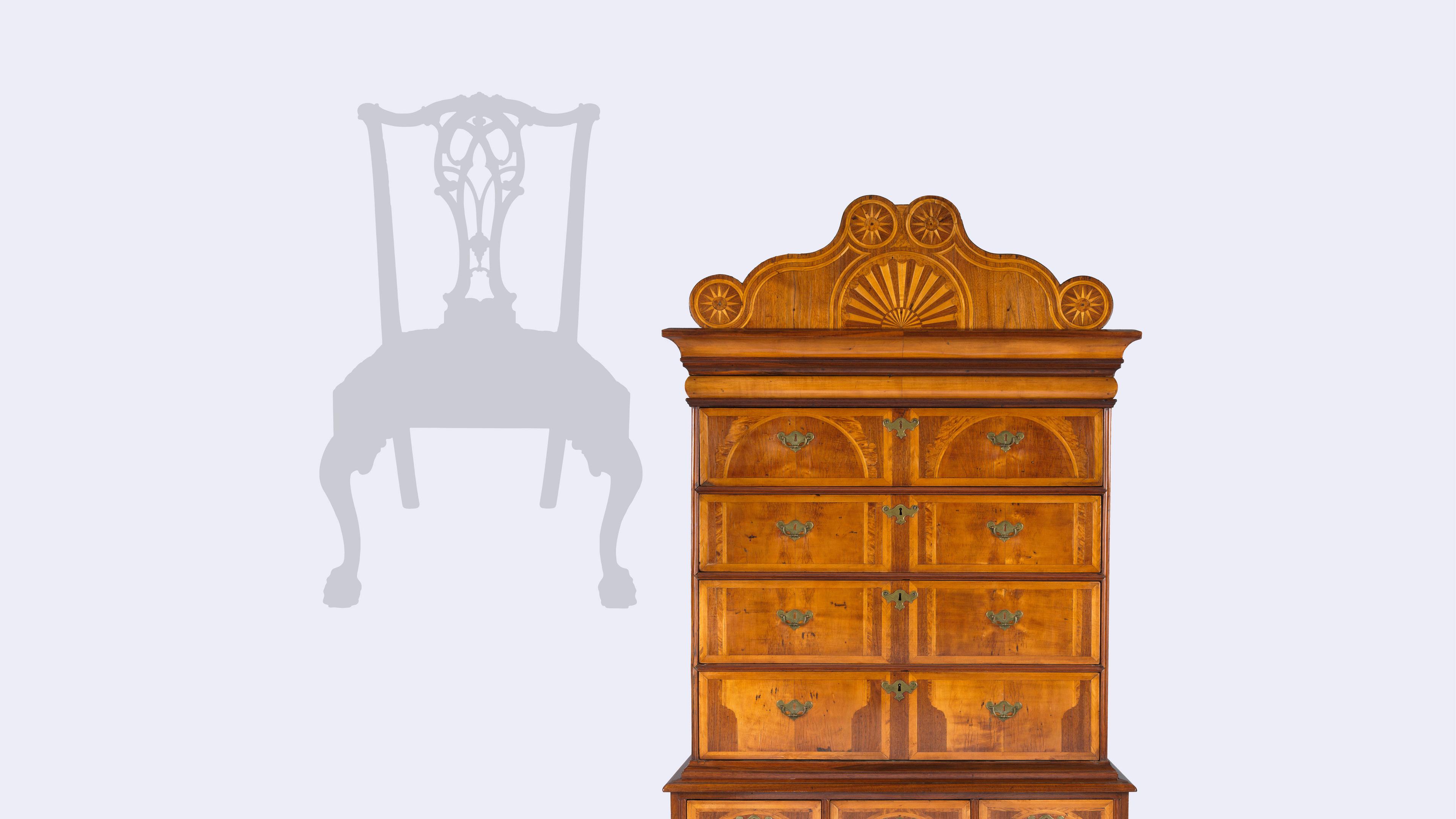 Classic outline of wood chair, beside wood dresser