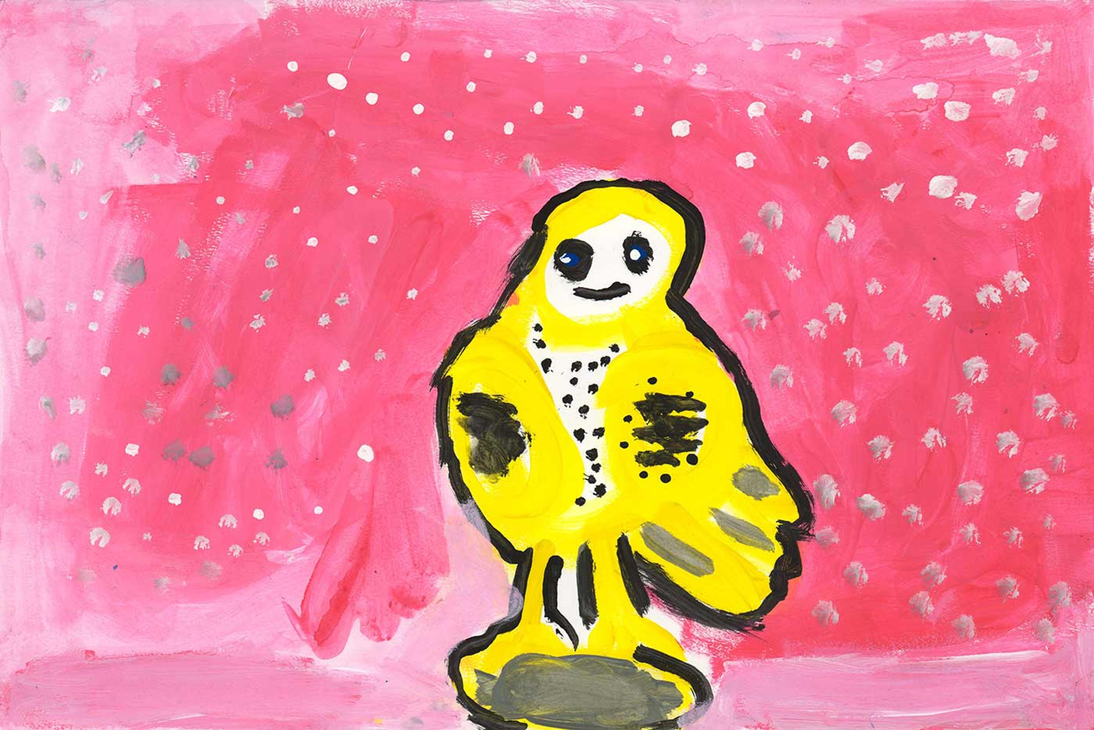 Painting of a yellow owl on a pink background with white dots.