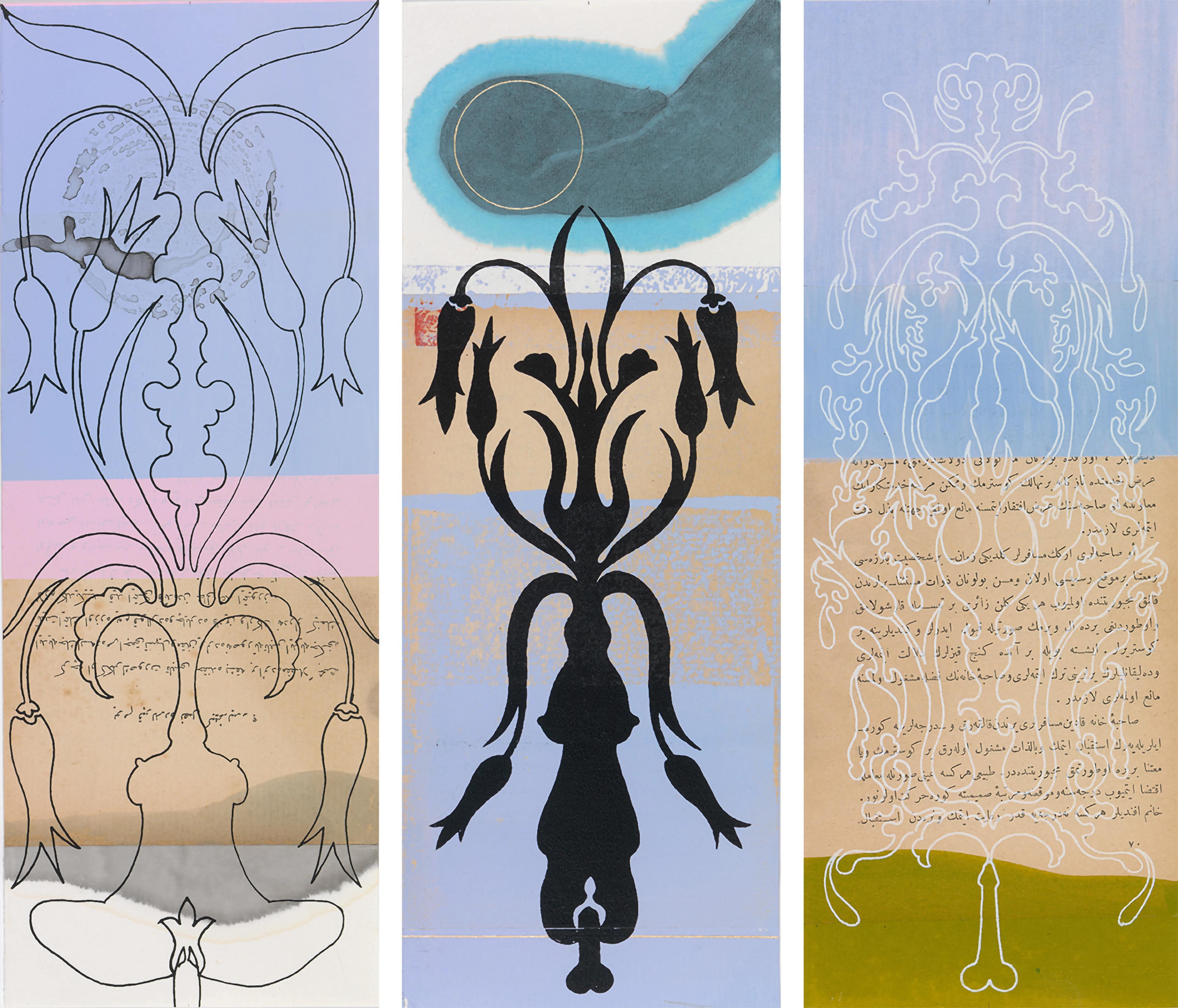 Triptych of folios from Peter Hristoff's Gorgu Kurallari (Bahname). The folios, in shades of blues, browns, pinks, and greens, compile outlines of floral motifs and genitalia against blocks of colors and text.