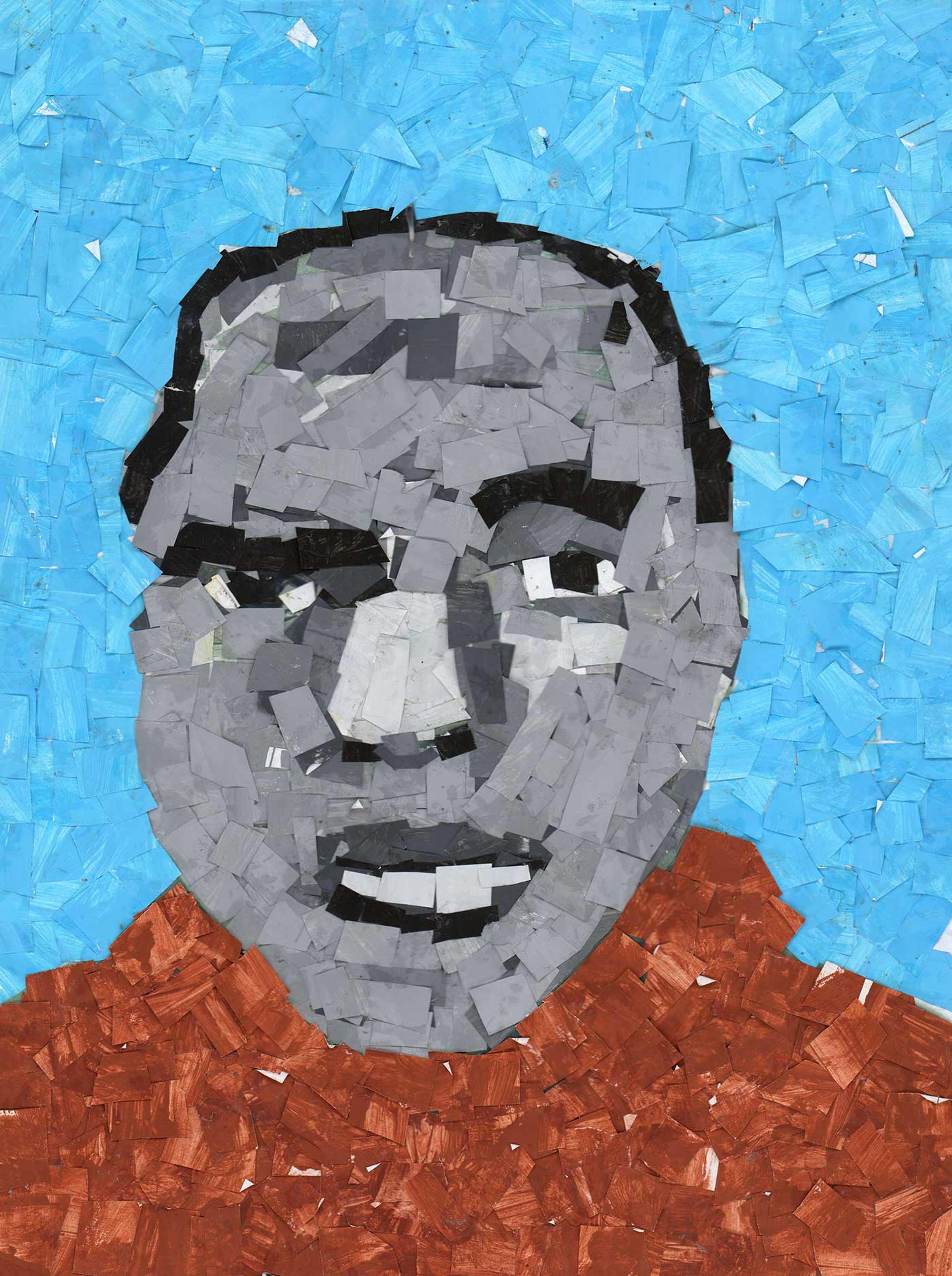 Mosaic portrait done in gray on a blue background.