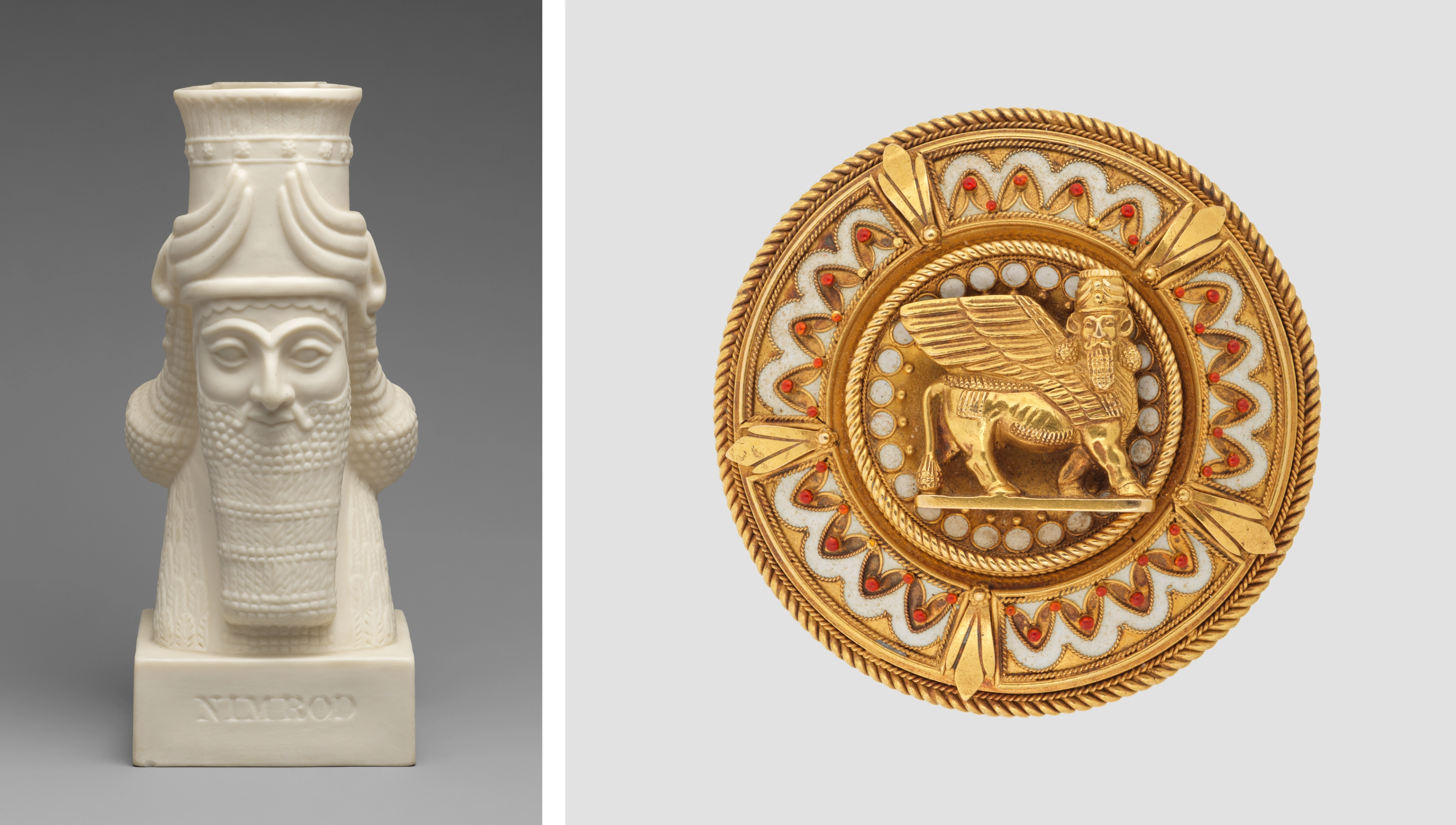 Diptych of a white vase in the form of a bearded man at left, and a gold brooch with a winged bull at right.