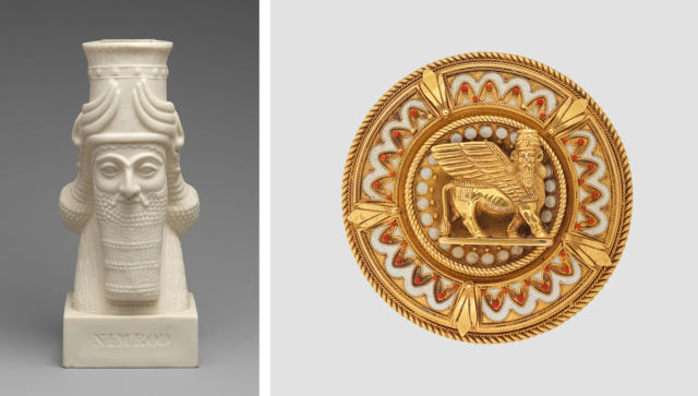Diptych of a white vase in the form of a bearded man at left, and a gold brooch with a winged bull at right.