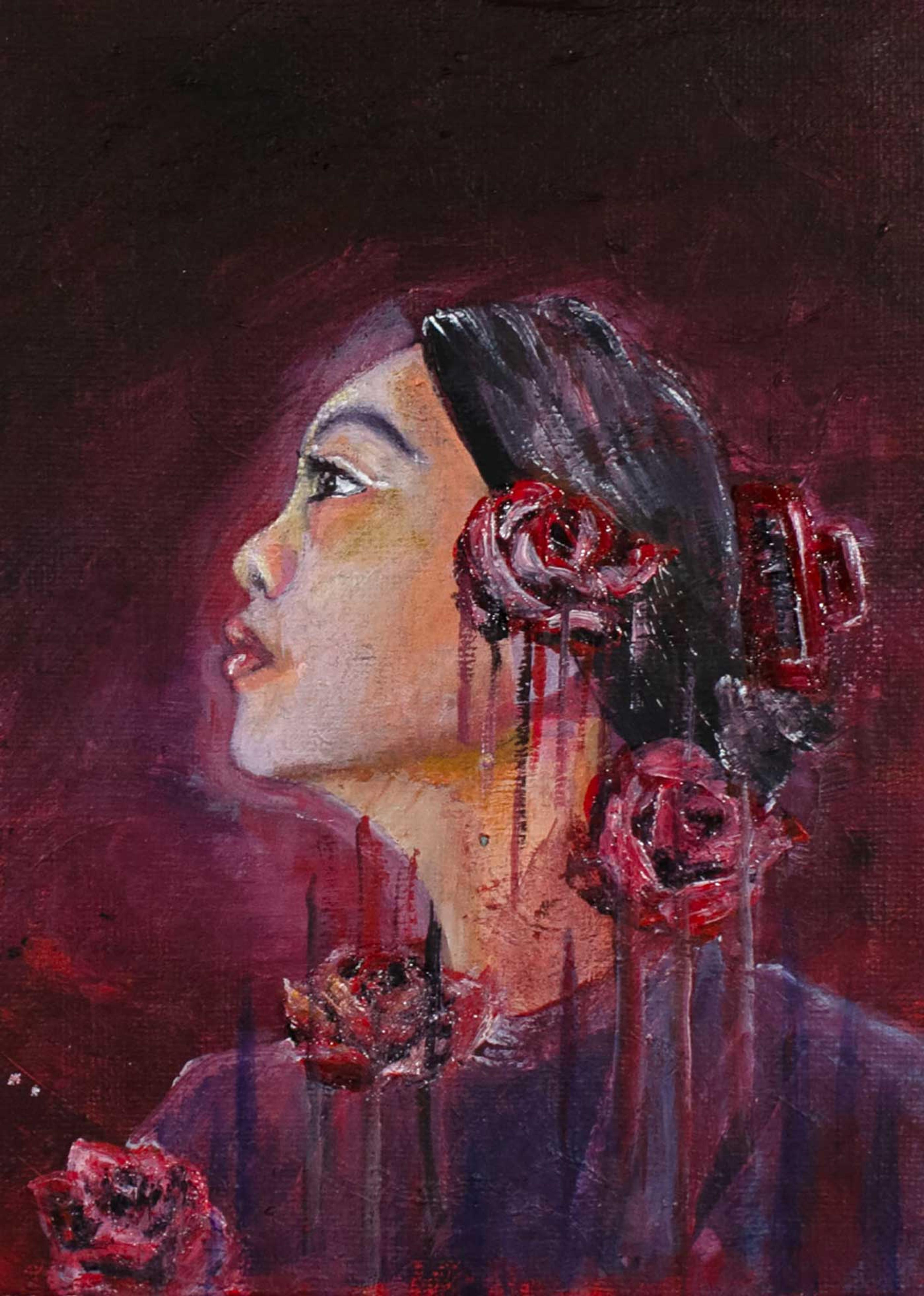 Acrylic-on-canvas self-portrait of an adolescent girl facing slightly upward to the left in profile. She has dark hair tied behind her head, wears a dark blue shirt, and has several red roses adorning her hair and chest, each of which appears to be melting with bold, dark red vertical paint strokes. The background is a dark burgundy.