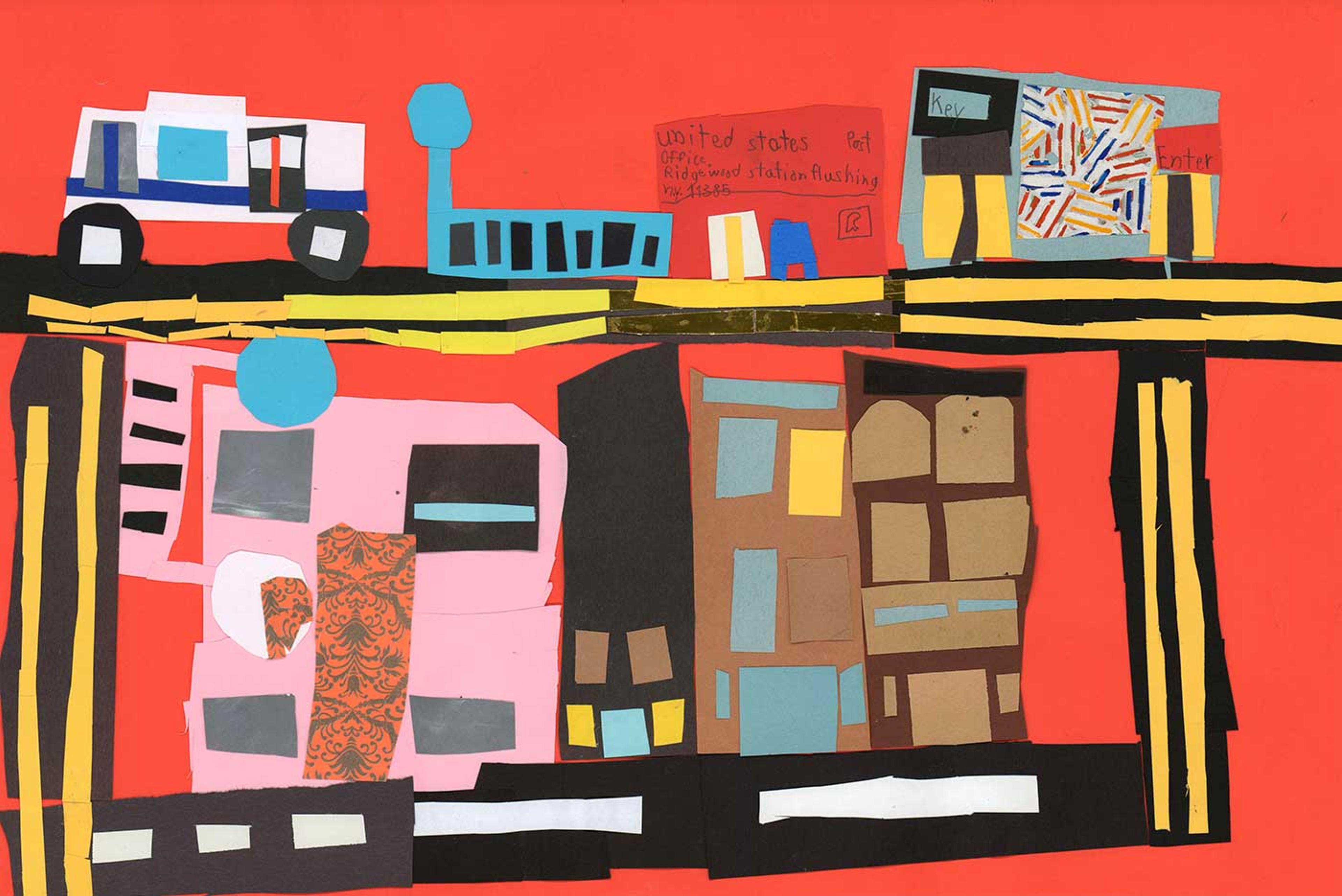 Collage of colorful buildings on an orange background.