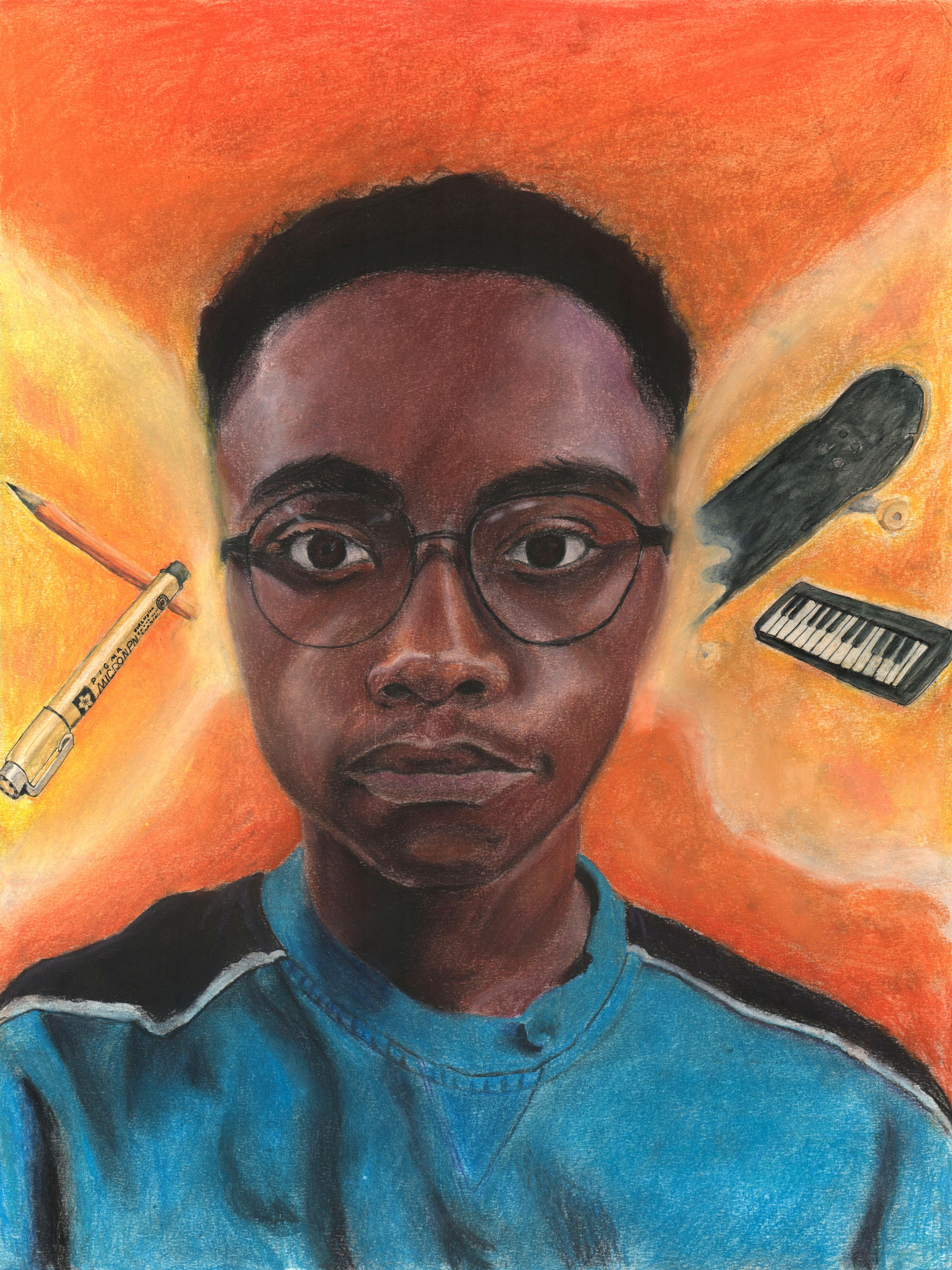 Conté crayon self-portrait of an adolescent Black male facing the viewer. He has short cropped black hair and wears large round glasses and a blue shirt with black trim on the shoulders. The subject appears in front of an orange-red background. Yellow rays extend and emanate from his ears. On the left, a technical pen and pencil seem to float and emerge from his right ear. On the right, a miniature black skateboard and electronic musical keyboard seem to extend from his left ear.