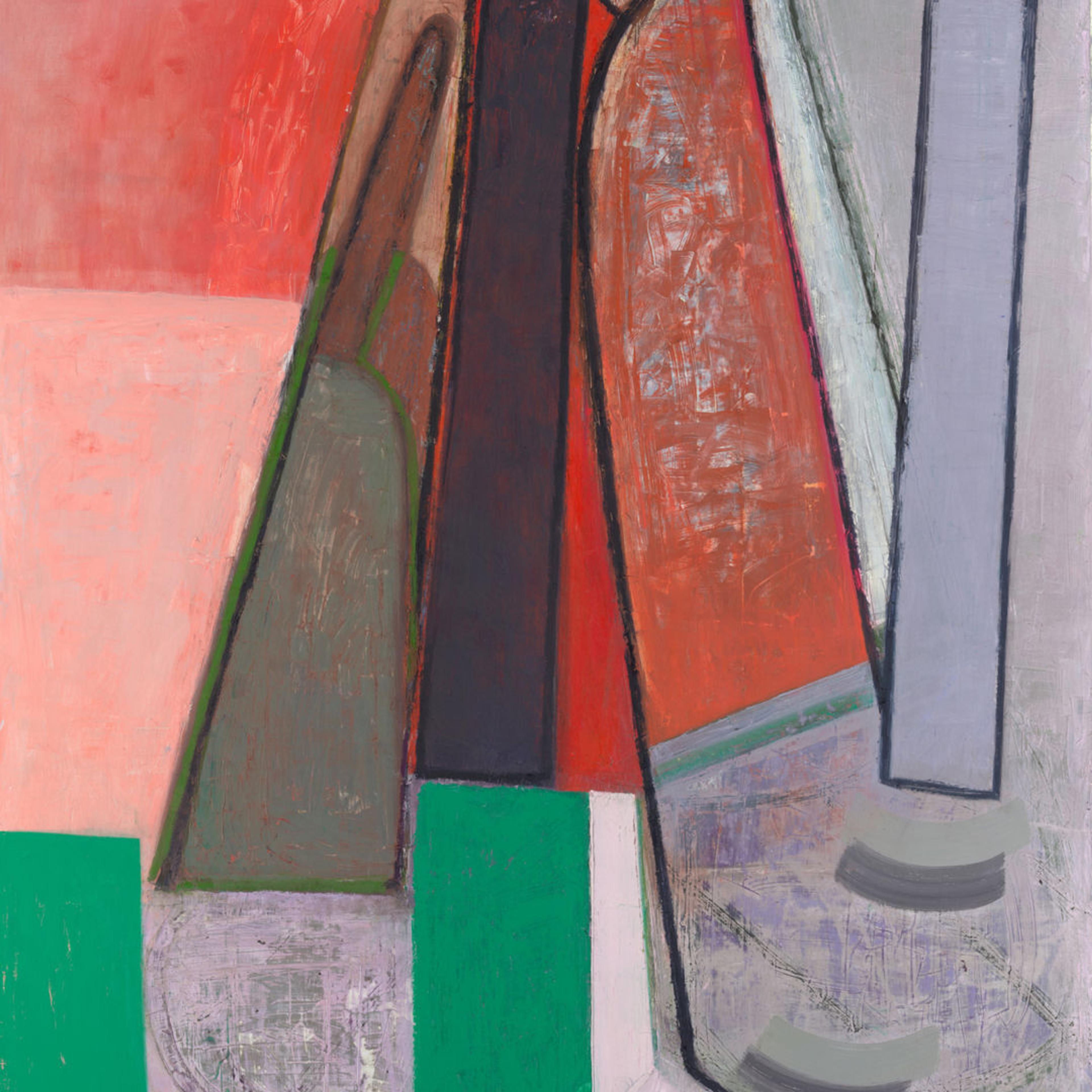 Abstract painting of rectangular blocks in green, pink, red, light purple and gray tones