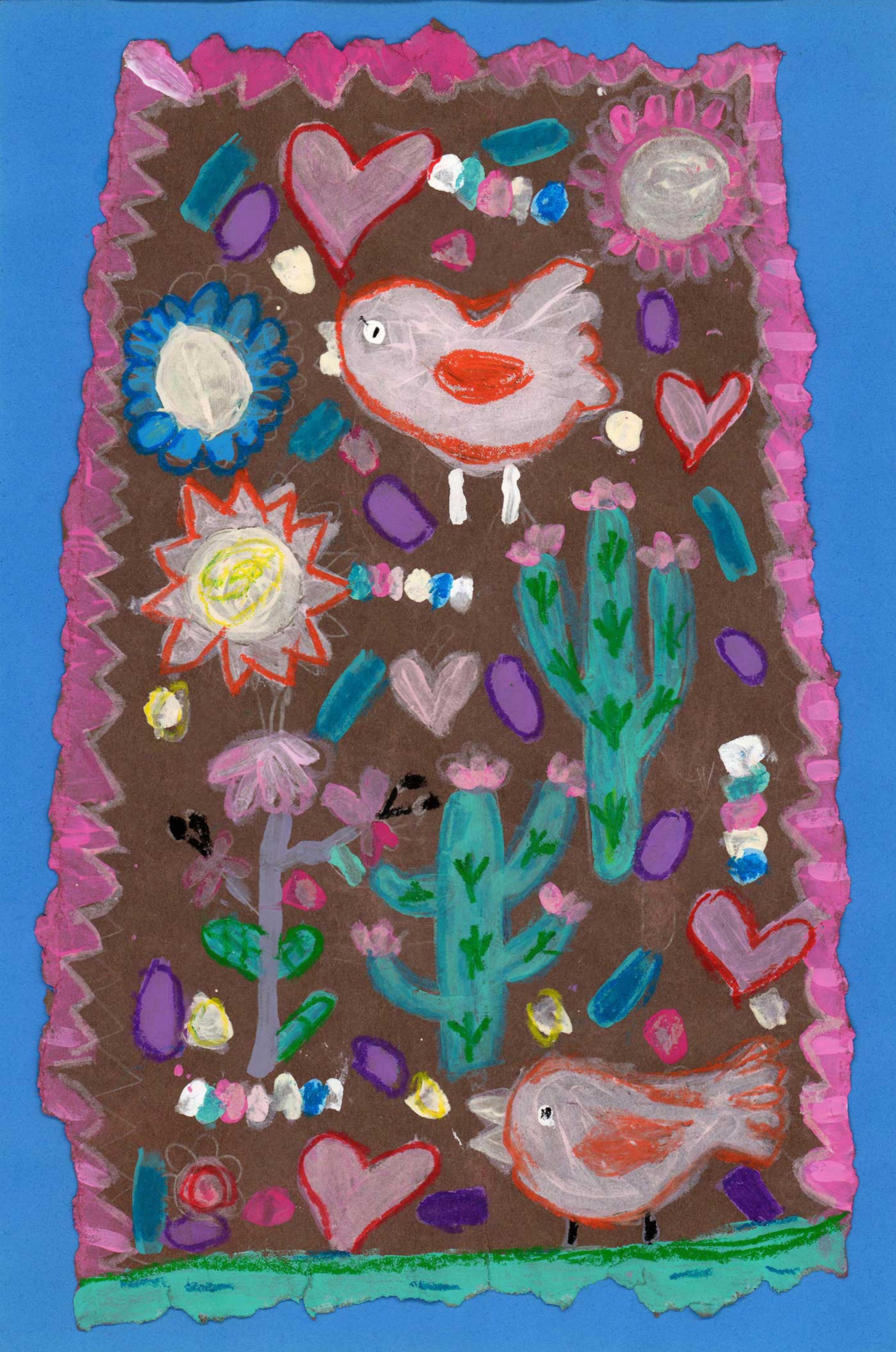 Painting of birds, cactuses, and flowers on a dark background.