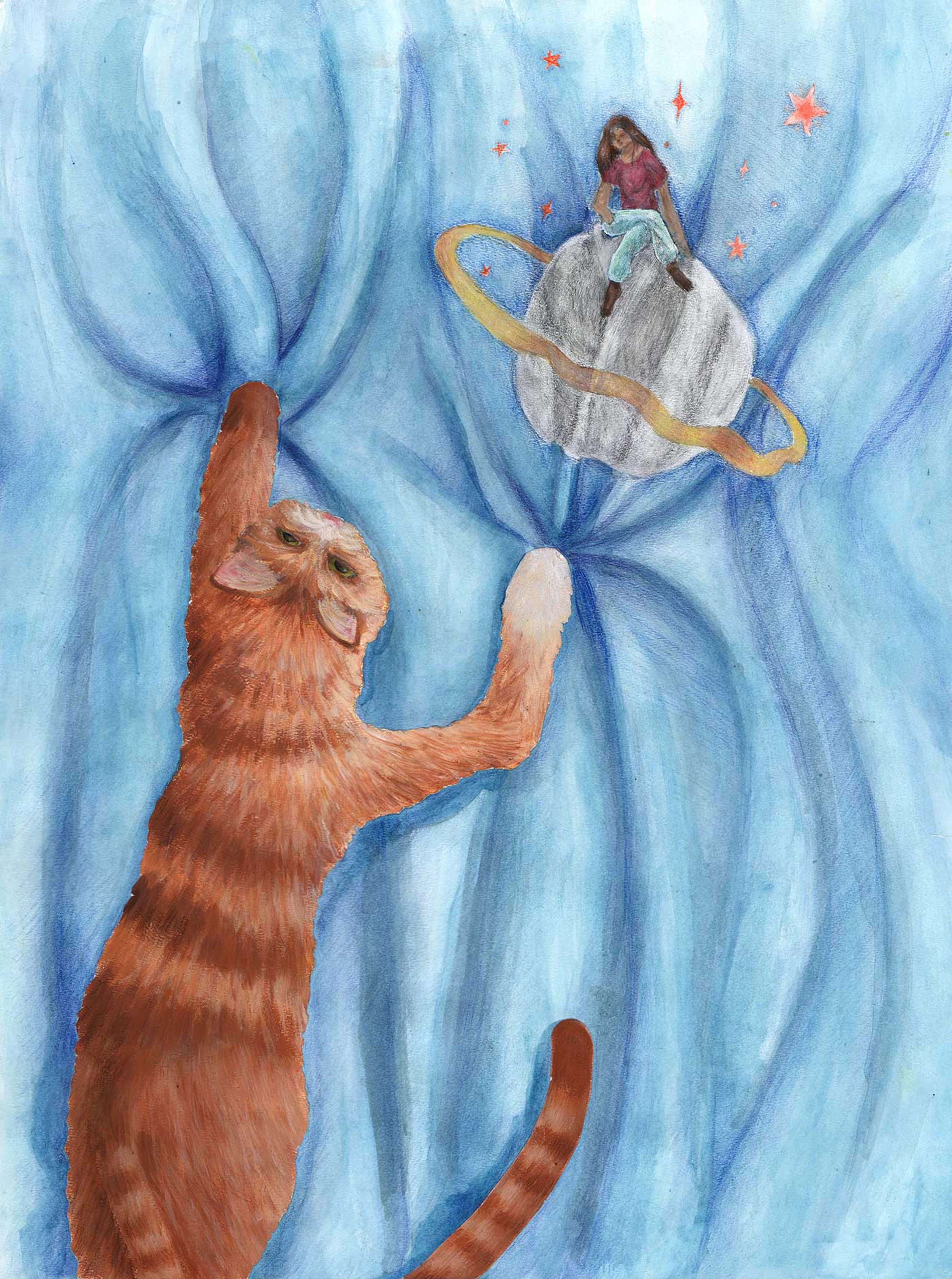 Painting of an orange cat lying on a bed reaching its paws towards an image of a girl sitting on a planet.