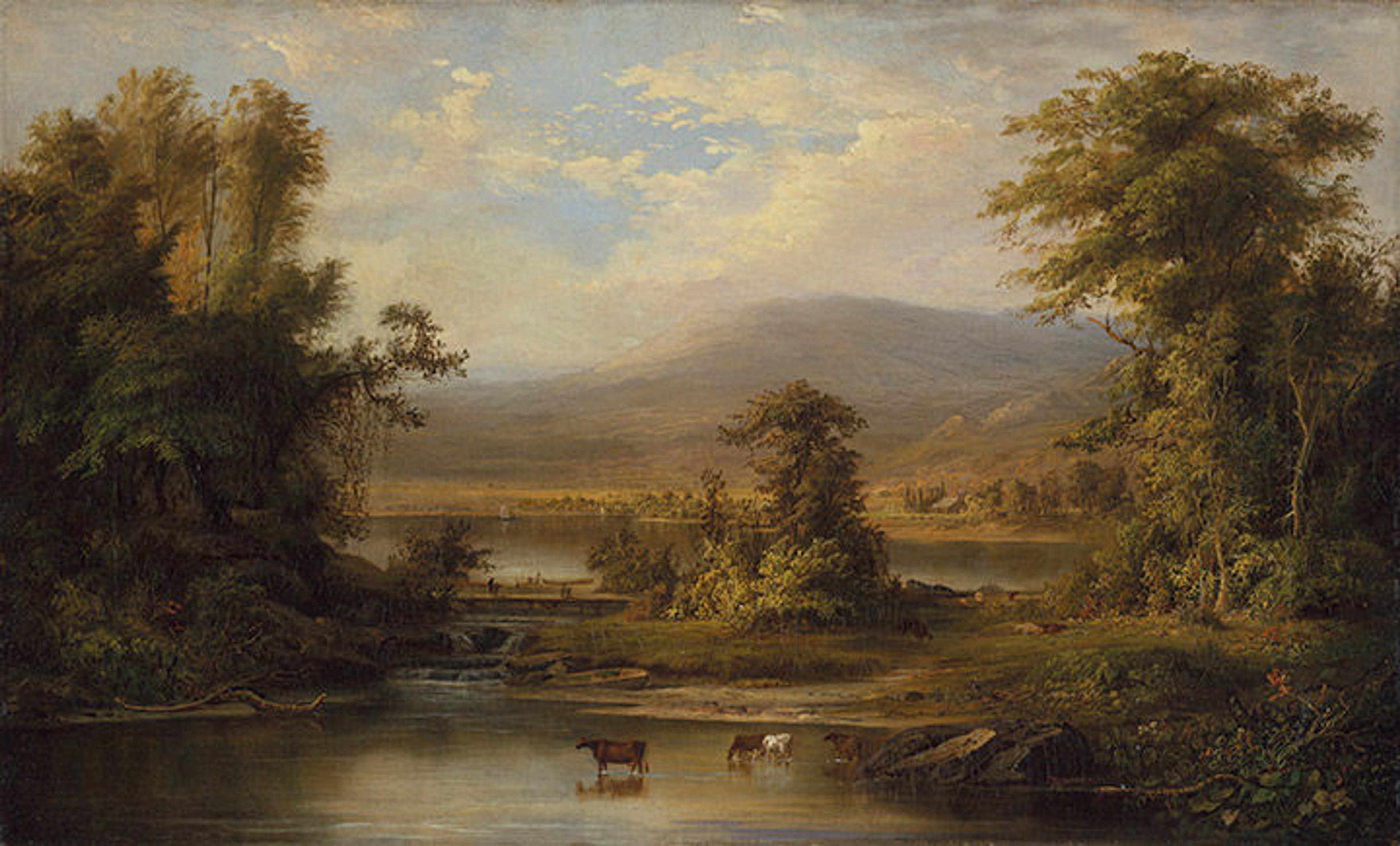 A pastoral scene shows cows wading in a stream in the foreground. In the middle ground are trees, cows resting, and people on a bridge. A cabin sits at the base of a mountain pictured in the background. 