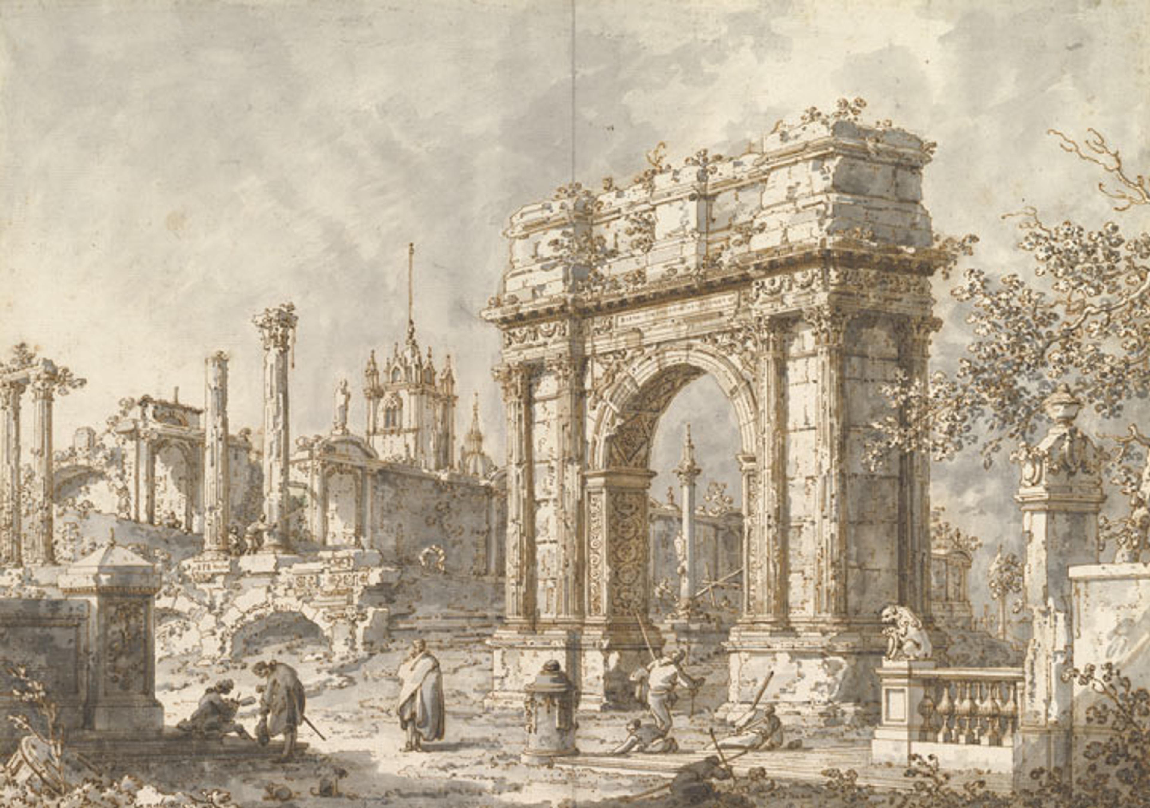 Eighteenth-century pen and brown ink drawing showing a Roman arch and the remnants of an ancient city