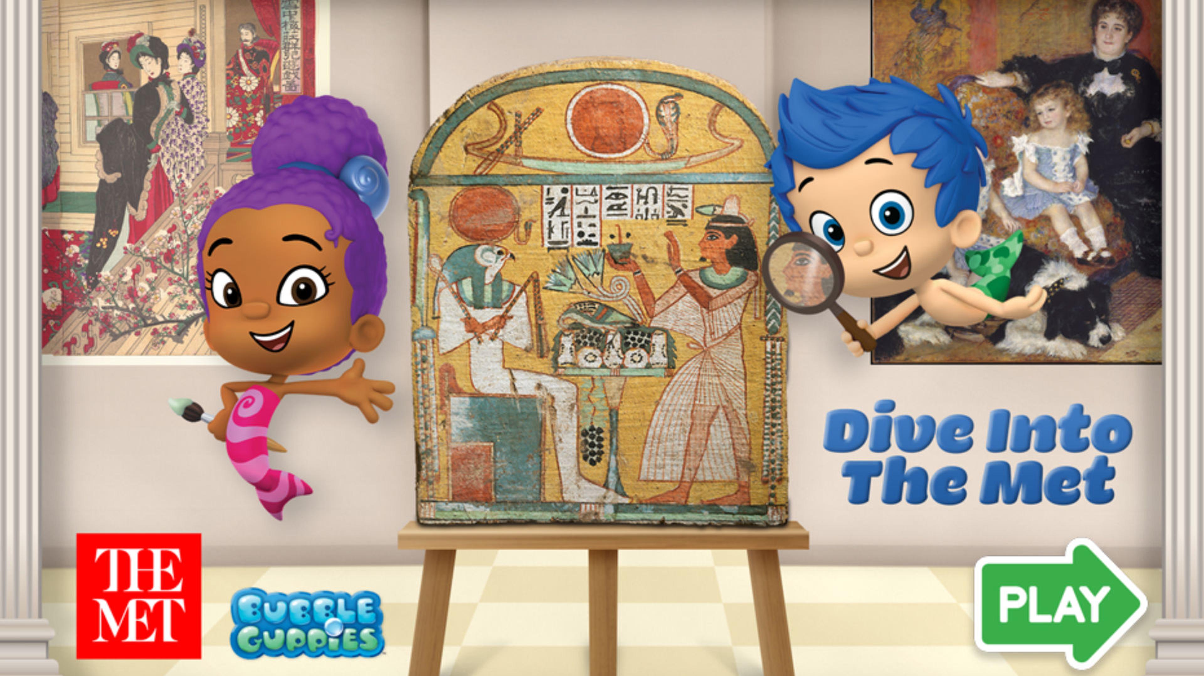 Characters from the Bubble Guppies float in front of an artwork on an easel