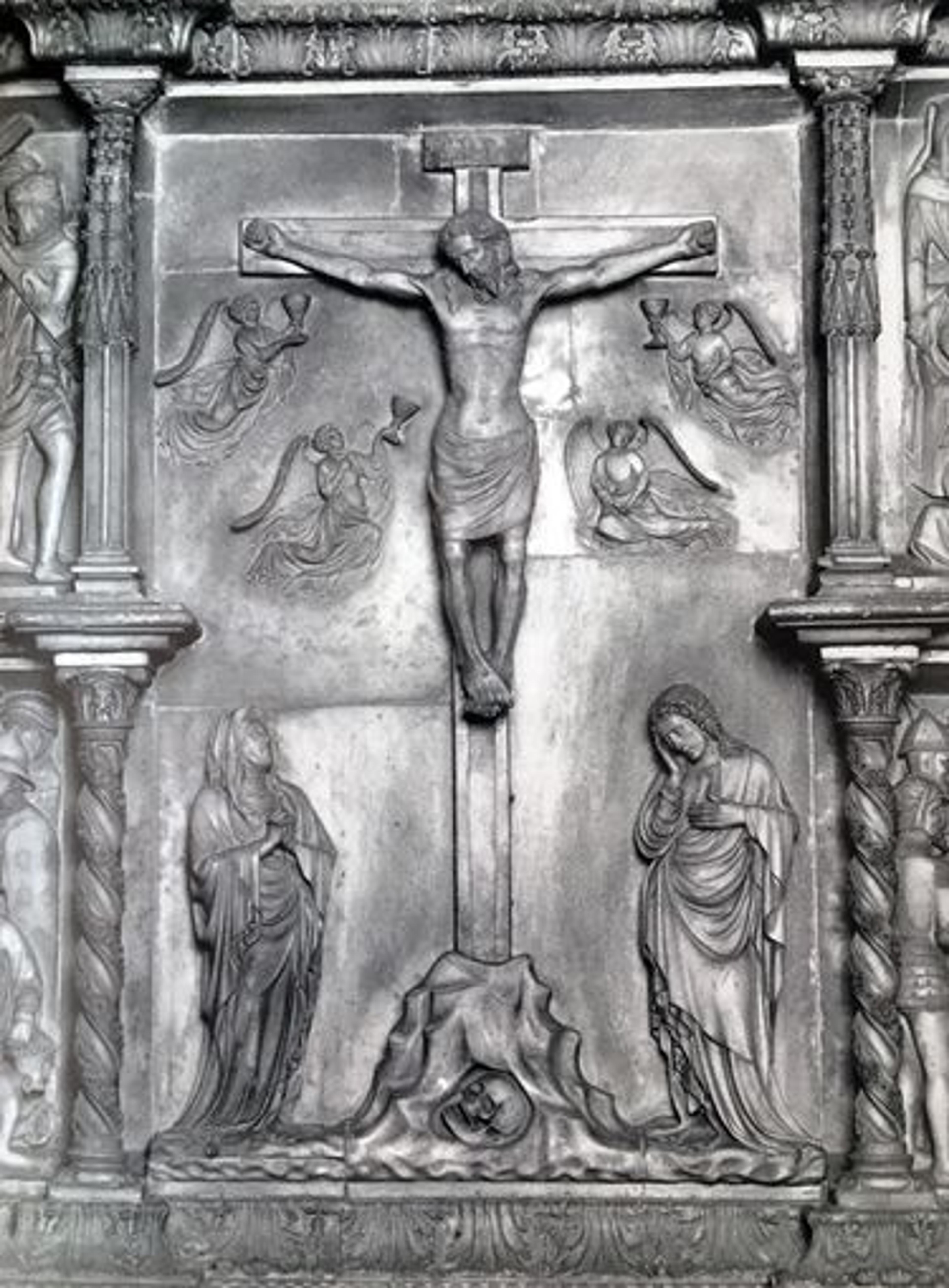 Photo of a Crucifixion scene from the "Ancona of the Passion" in the Basilica of Sant'Eustorgio in Milan 
