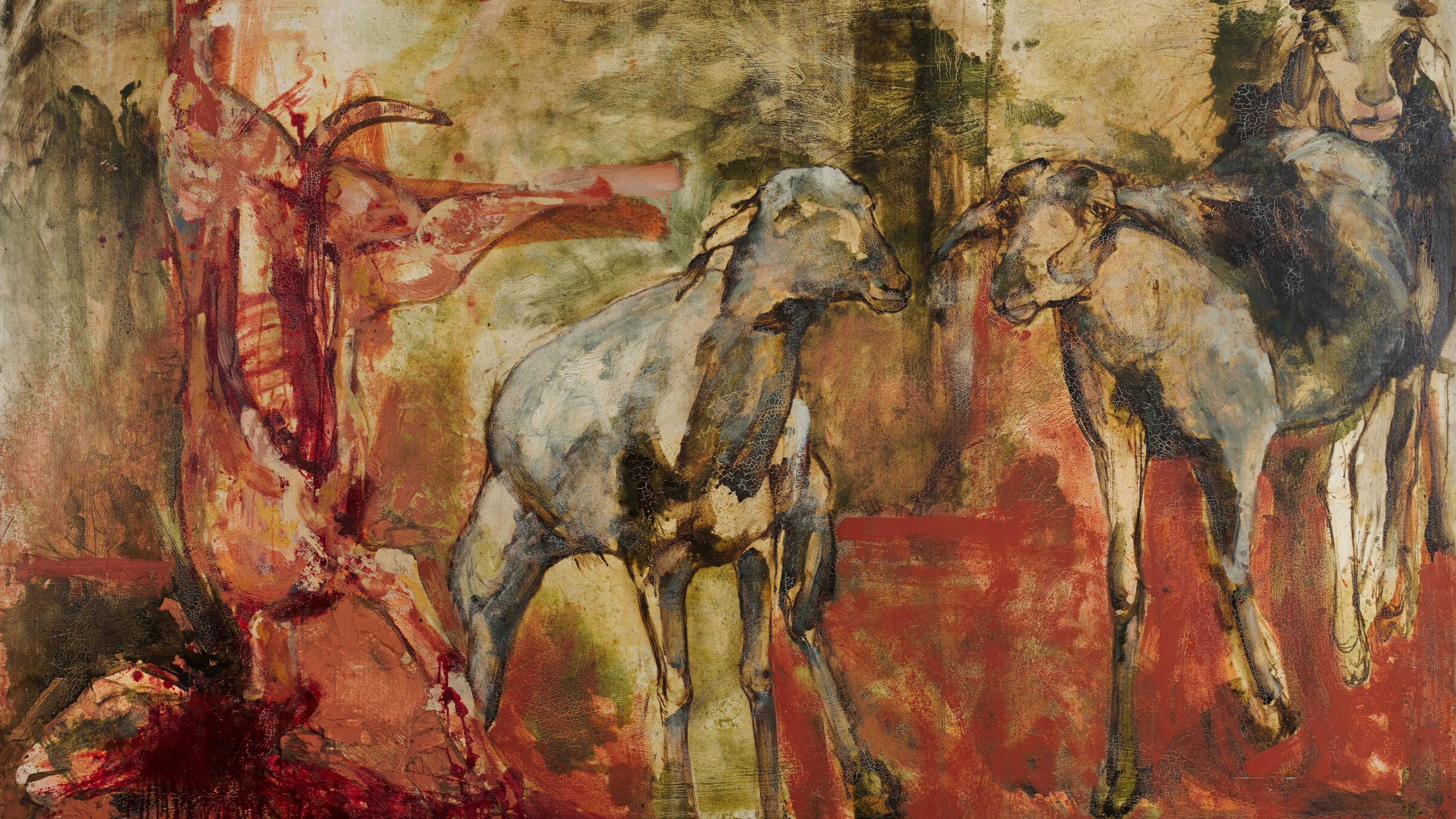Two goats stand amidst an abstract, earthy backdrop with intense red tones. 