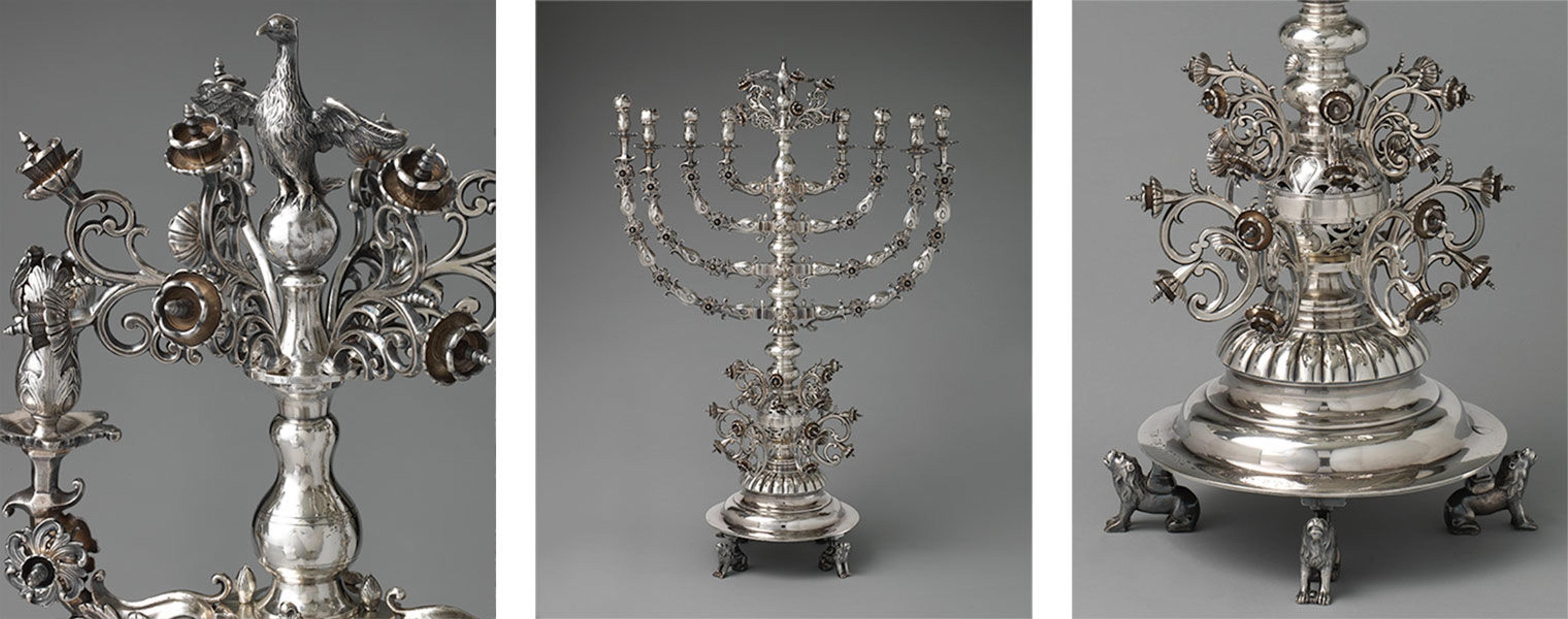 Triptych of the beautiful silver Lemberg lamp. Left: detail of eagle; center: frontal view of Lemberg lamp; right: detail of lions upholding lamp base.