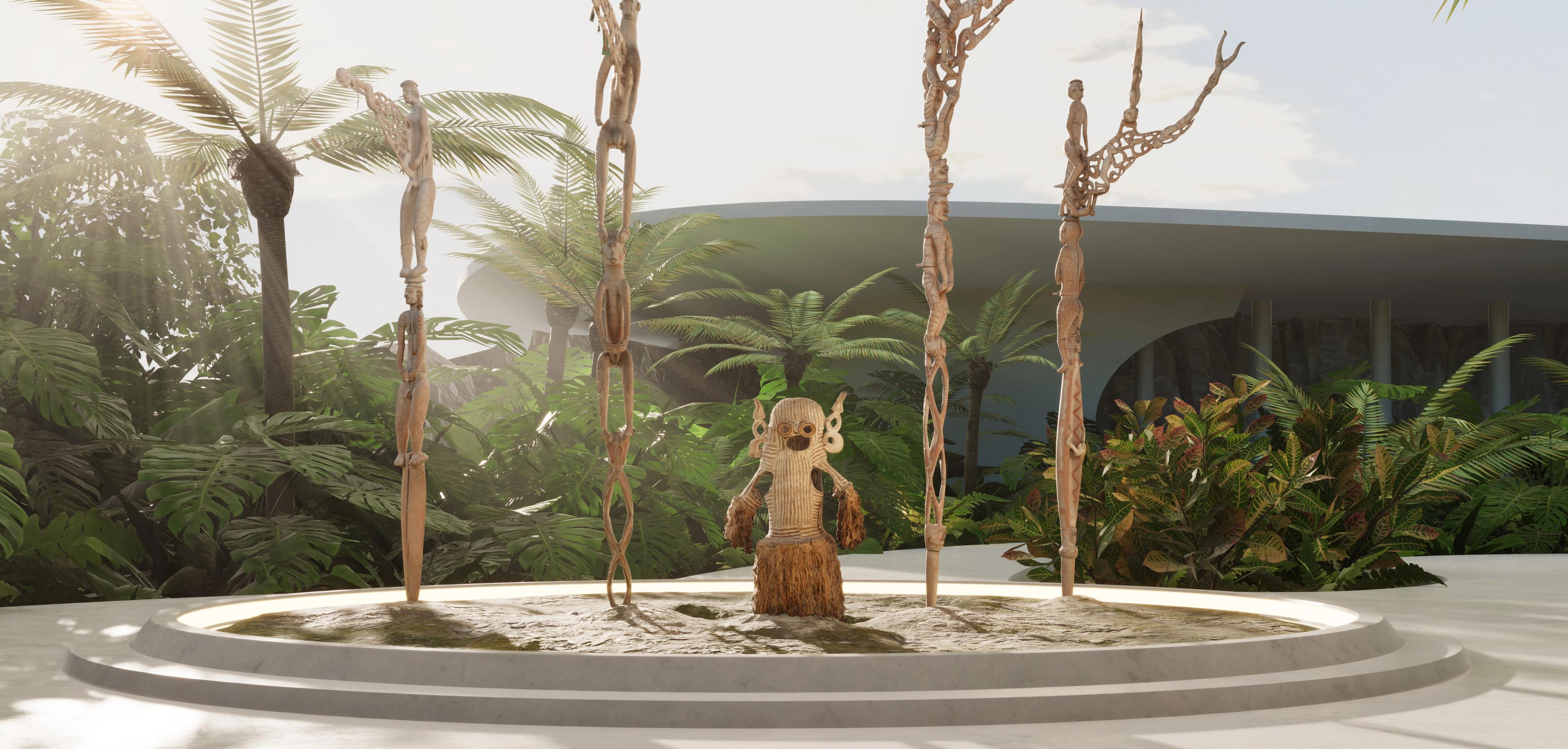 Four tall wooden poles and a small figure arranged in a circular plaza. Sun beams in between palm trees in this tropical setting.