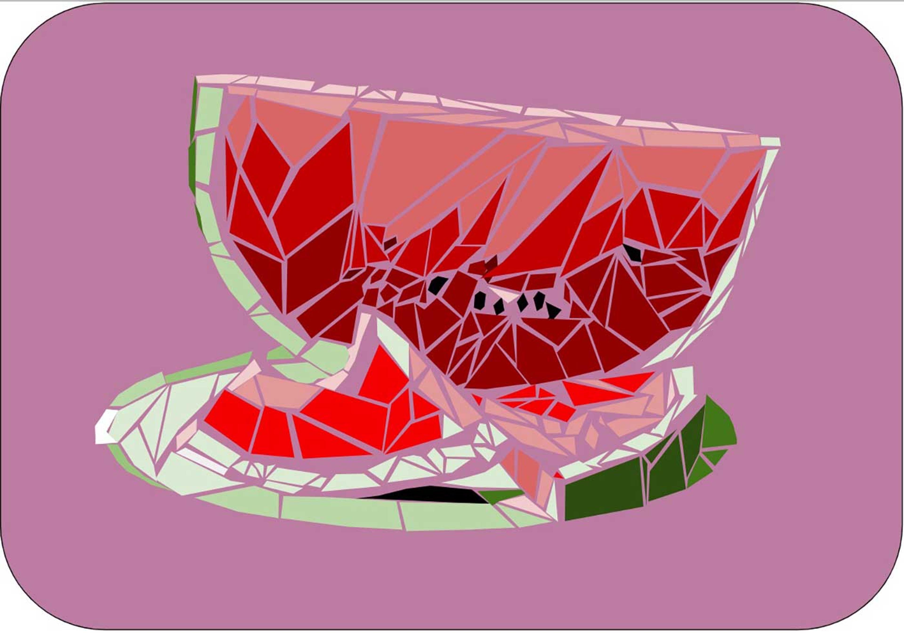 Digital collage of a watermelon done in pinks and greens.