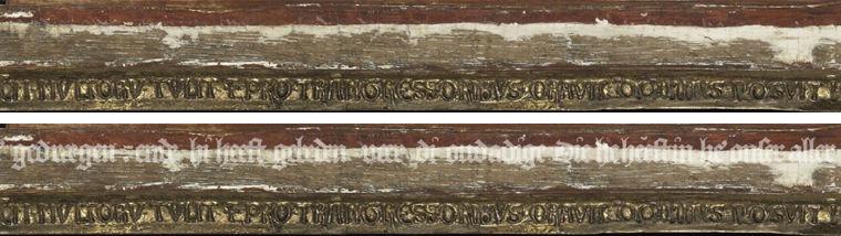 Two views of a 15th-century wooden frame with gold gilding