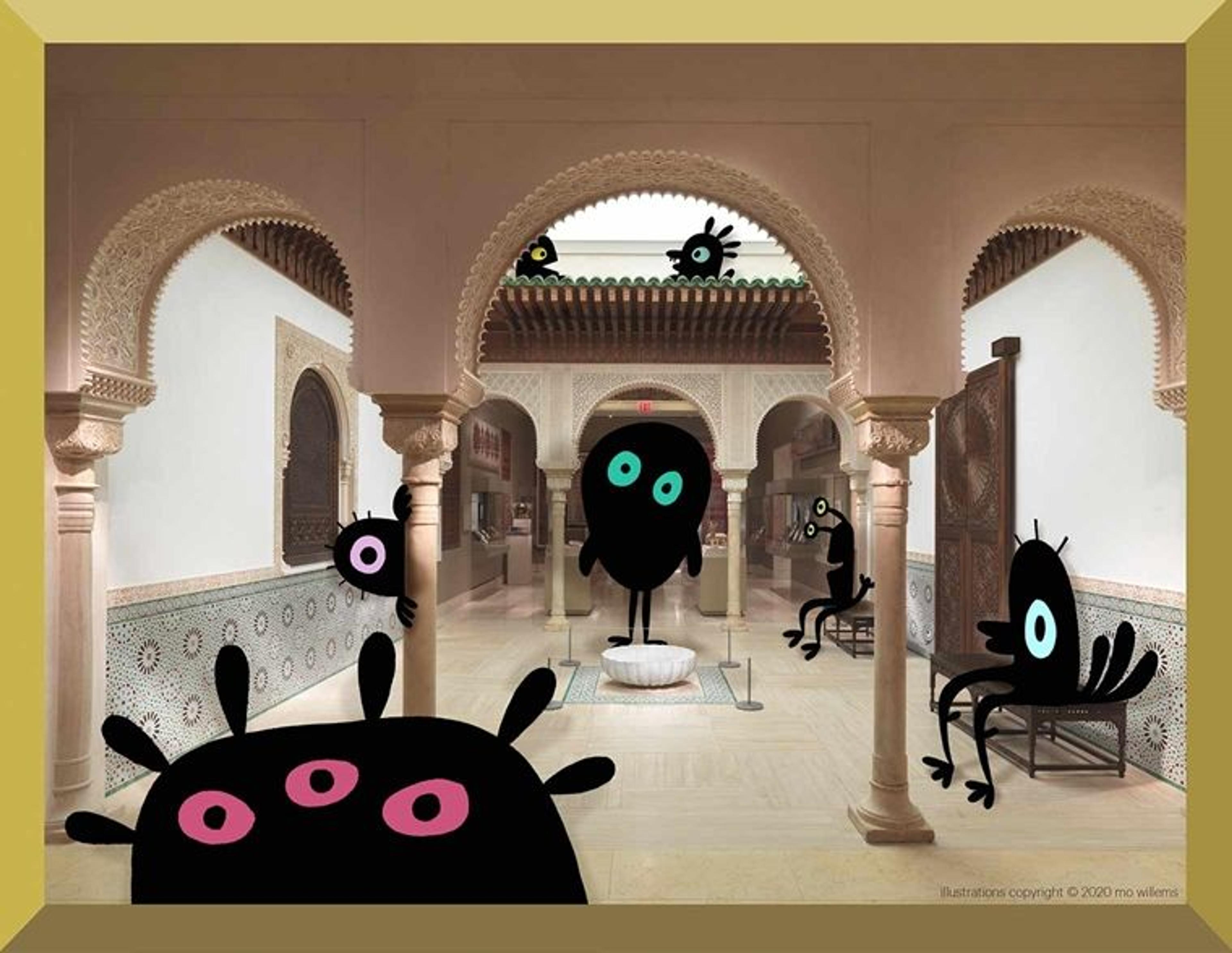 A Moroccan-style courtyard bounded by pillars on two sides with ornate carvings above. In the center sits a low, white and grey fountain. Quirky, simple black cartoon creatures lounge around the space, with brightly colored eyes.