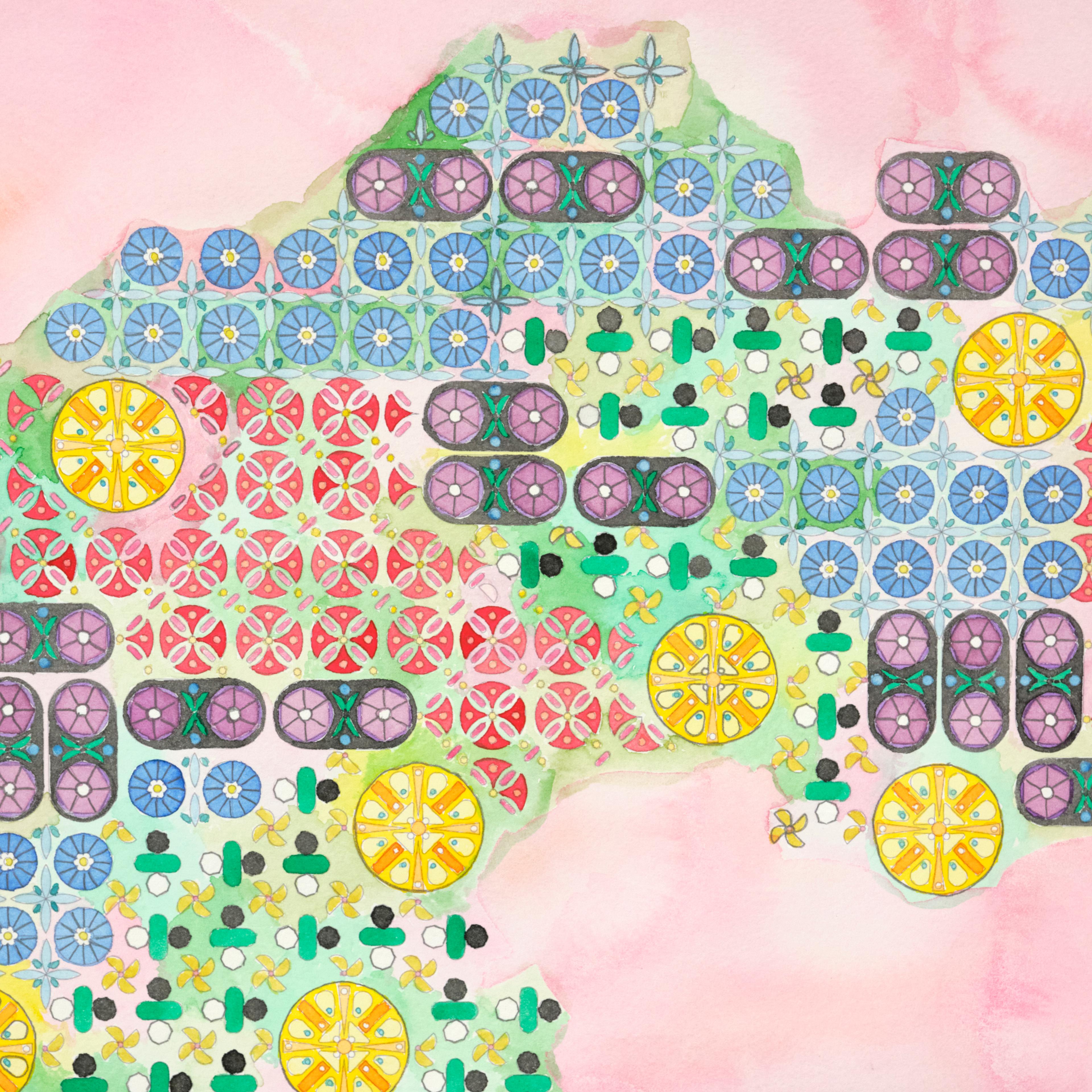 An array of brightly colored and intricately patterned shapes with a beautiful light-pink watercolored background.