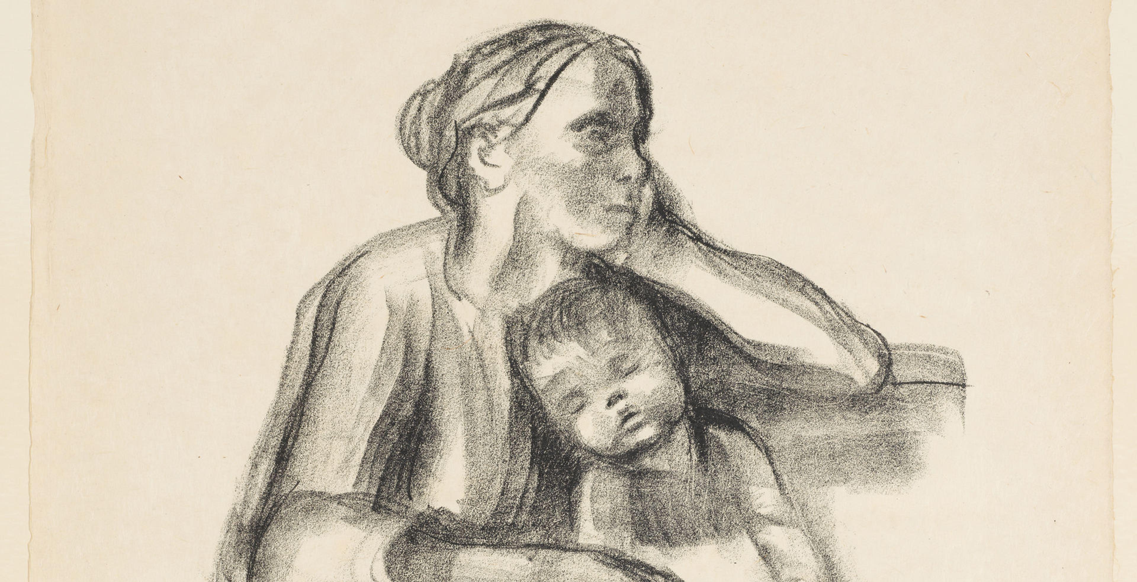 lithograph of a weary mother and sleeping boy by Kathe Kollowitz