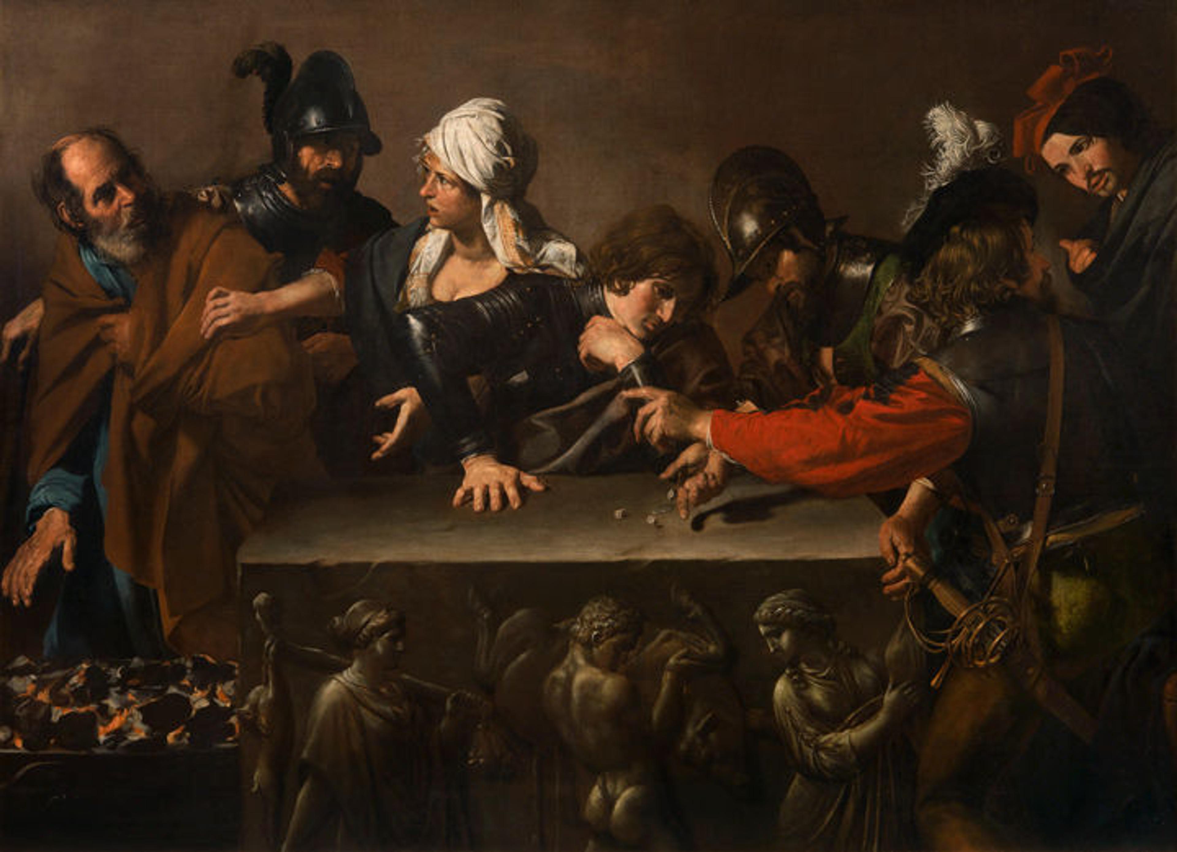 A Baroque oil painting depicting an elderly Saint Paul being dragged away by a policeman while men located elsewhere in the painting play a dice game