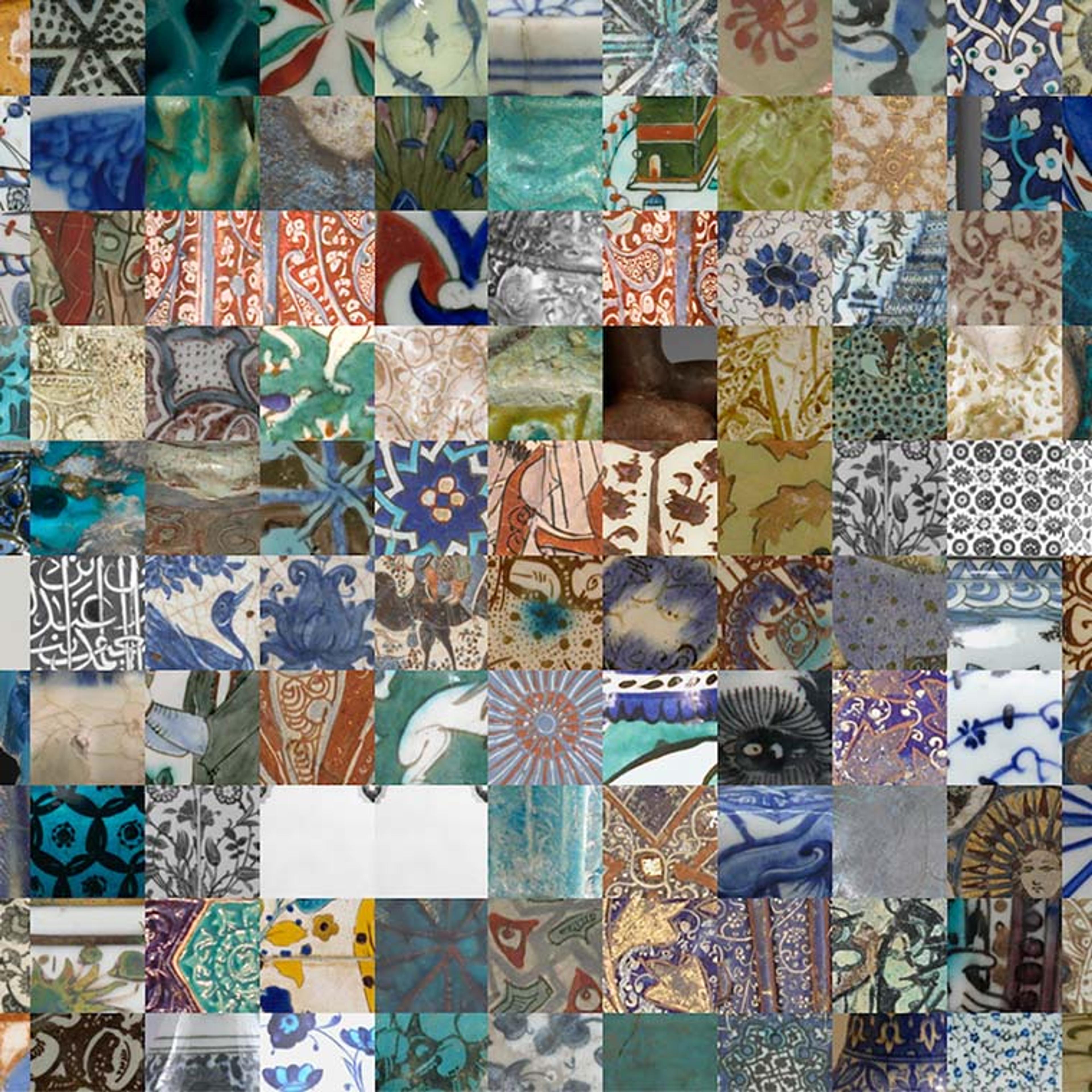 A colorful grid of details of the surfaces of ceramic objects