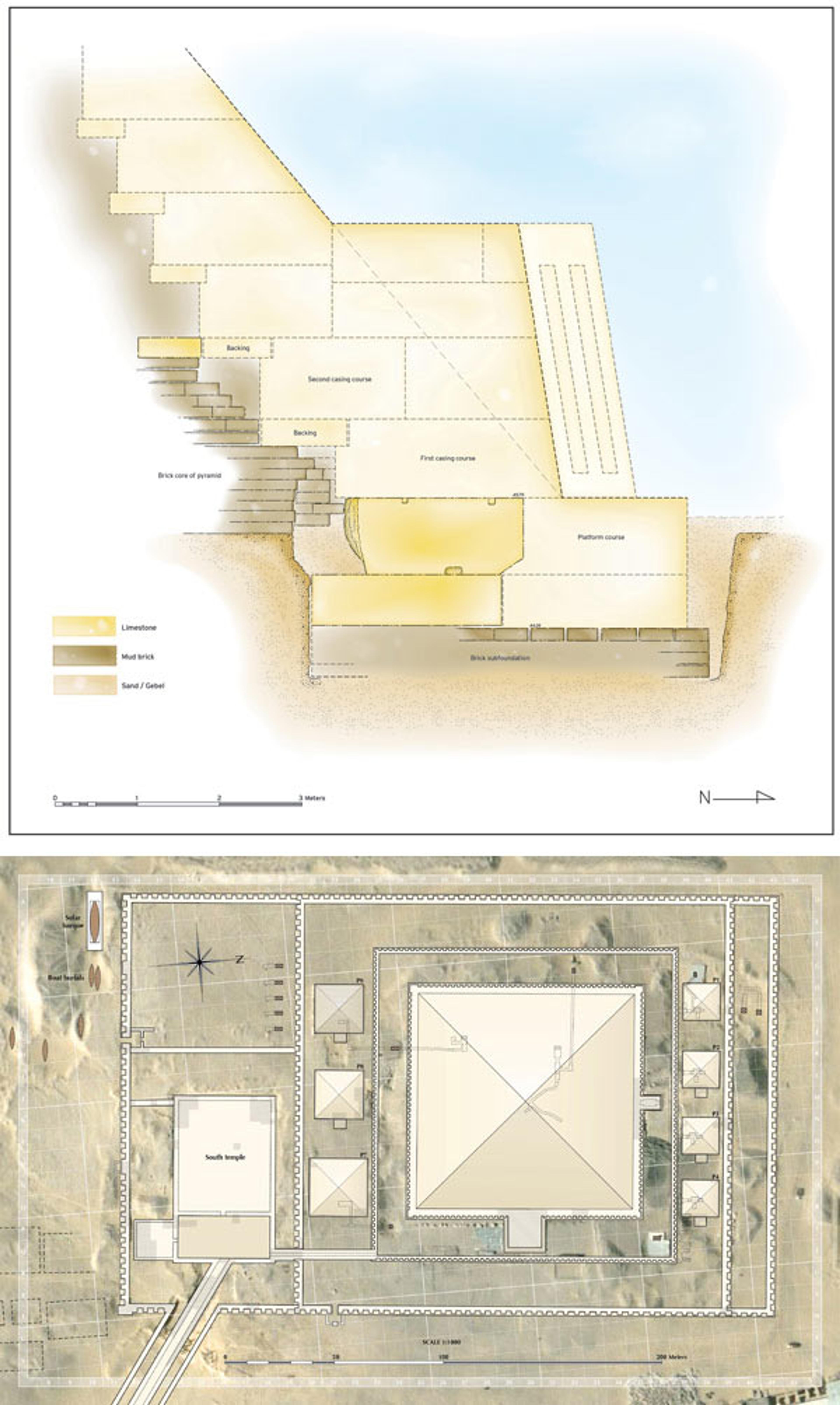 Two-dimensional drawing of the pyramid of King Senwosret III; Plan of the complex overlaid in Google Maps