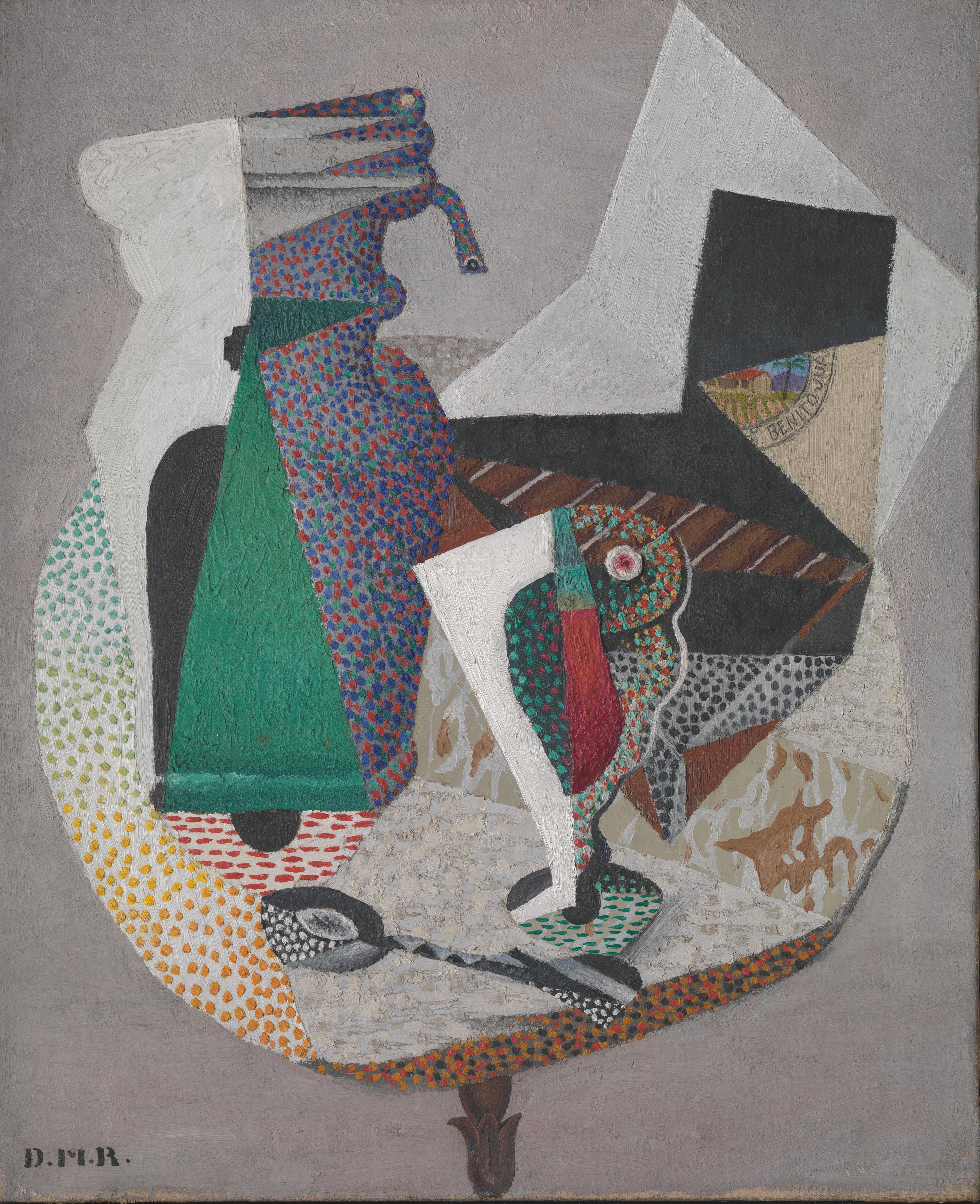 Abstract Cubist collage of a stylized woman in a patterned dress beside a bird, with geometric shapes, muted colors, and surreal tension.