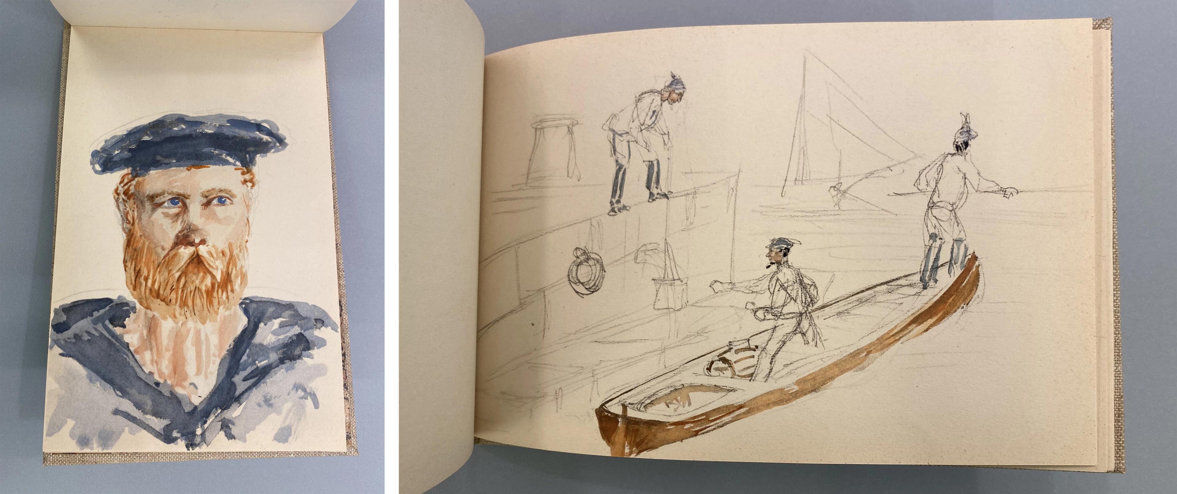 Portrait of a sailor and sketch of men on a boat