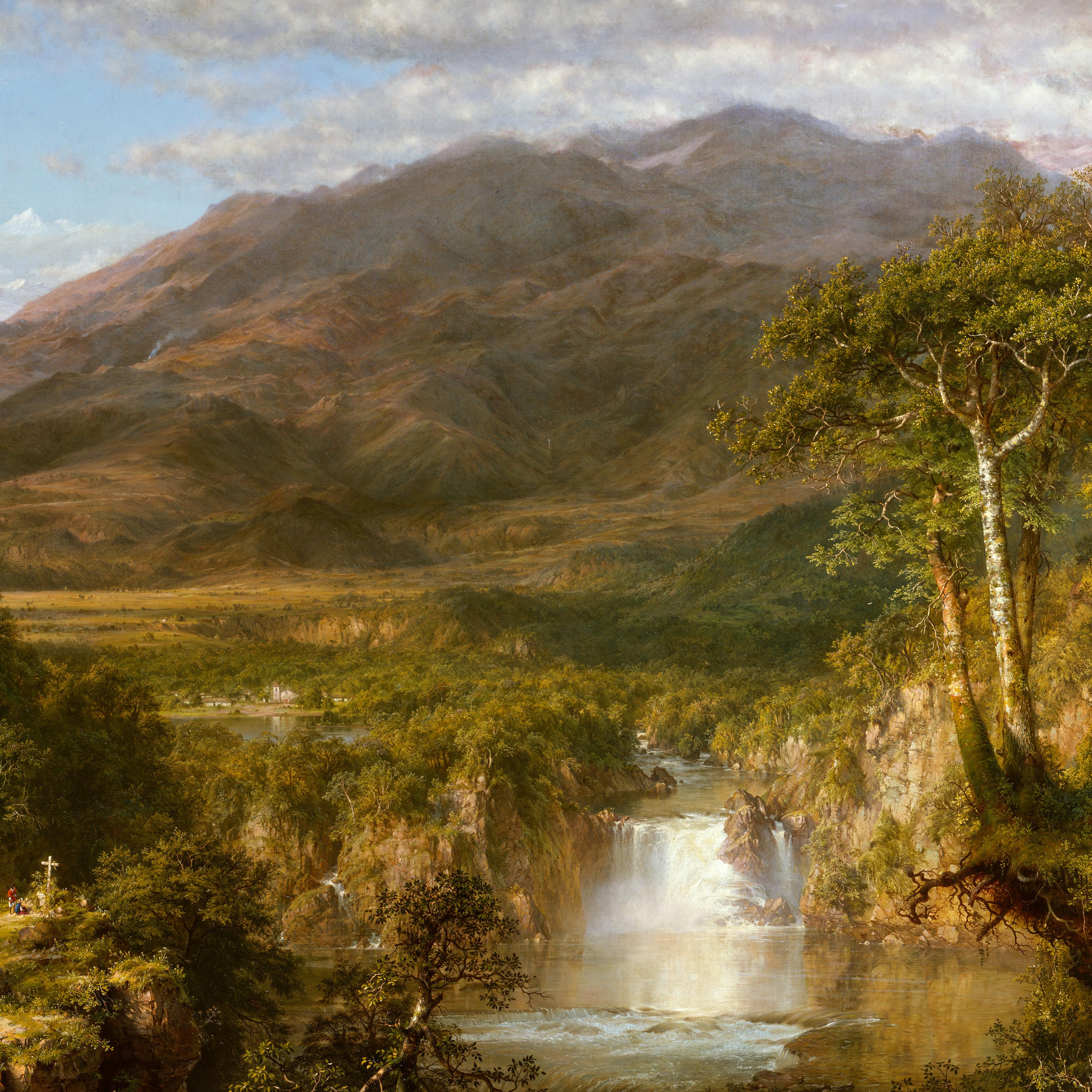 Landscape painting of the Andes, with a small cross placed on the edge of cliff, to the left of a waterfall, with mountains covered by clouds followed by a snow-capped mountain in the background