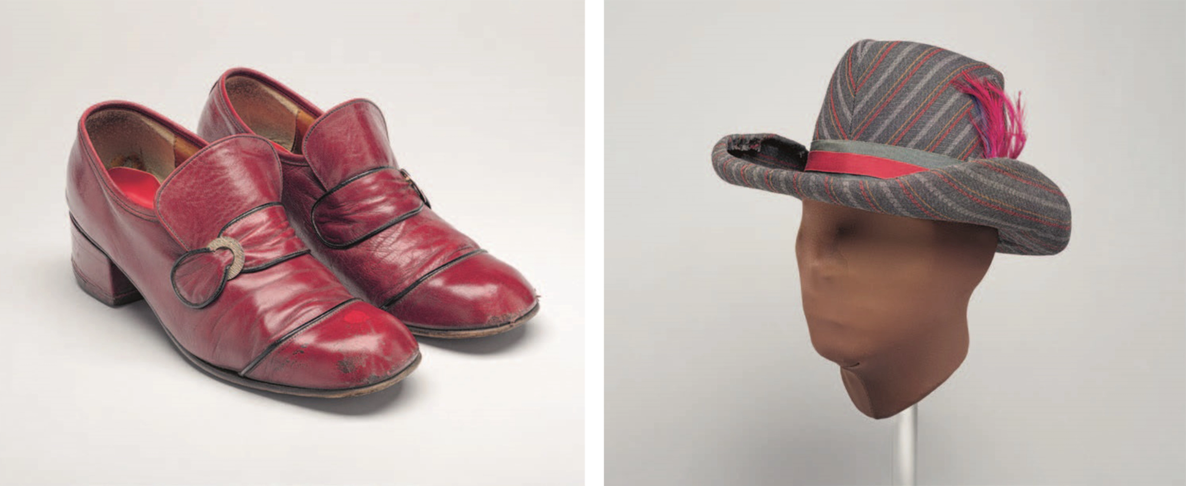 Diptych showing red leather shows, and a gray, white, and red striped hat with a red ribbon and feather